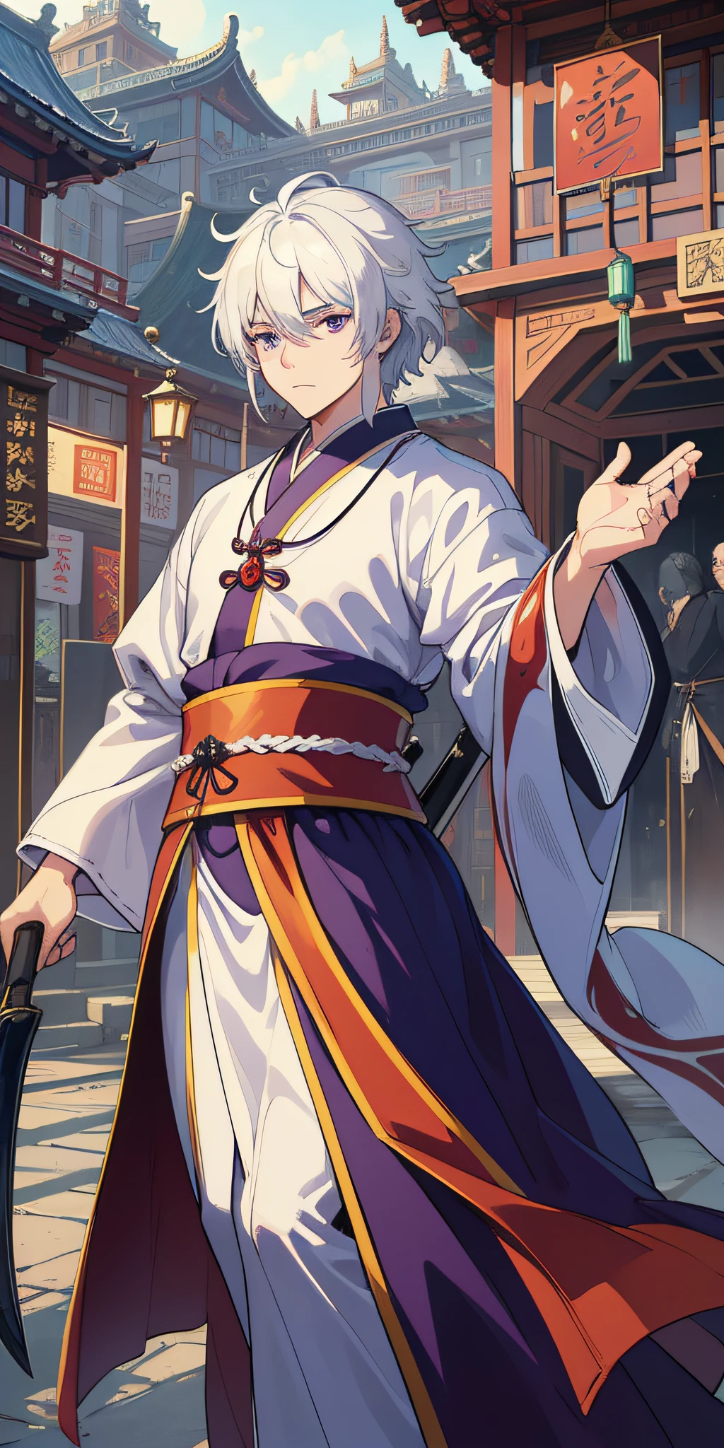 (Masterpiece: 1.2, Best Quality), (Fine Beautiful Eyes: 1.2), (Very Detailed CG Unity 8k wallpaper, Masterpiece, Best Quality, Ultra Detail, Best Shadow), (Detailed Background), (Beautiful Detail Face, Beautiful Detail Eyes), High Contrast, 2Men, 2 Taoist Priests, 2 Taoist Priests in Taoist Robe, Sword in Hand, Taoist Temple Background, Dynamic Angle, Full Body, Cowboy Shot, White Hair, Purple Eyes,