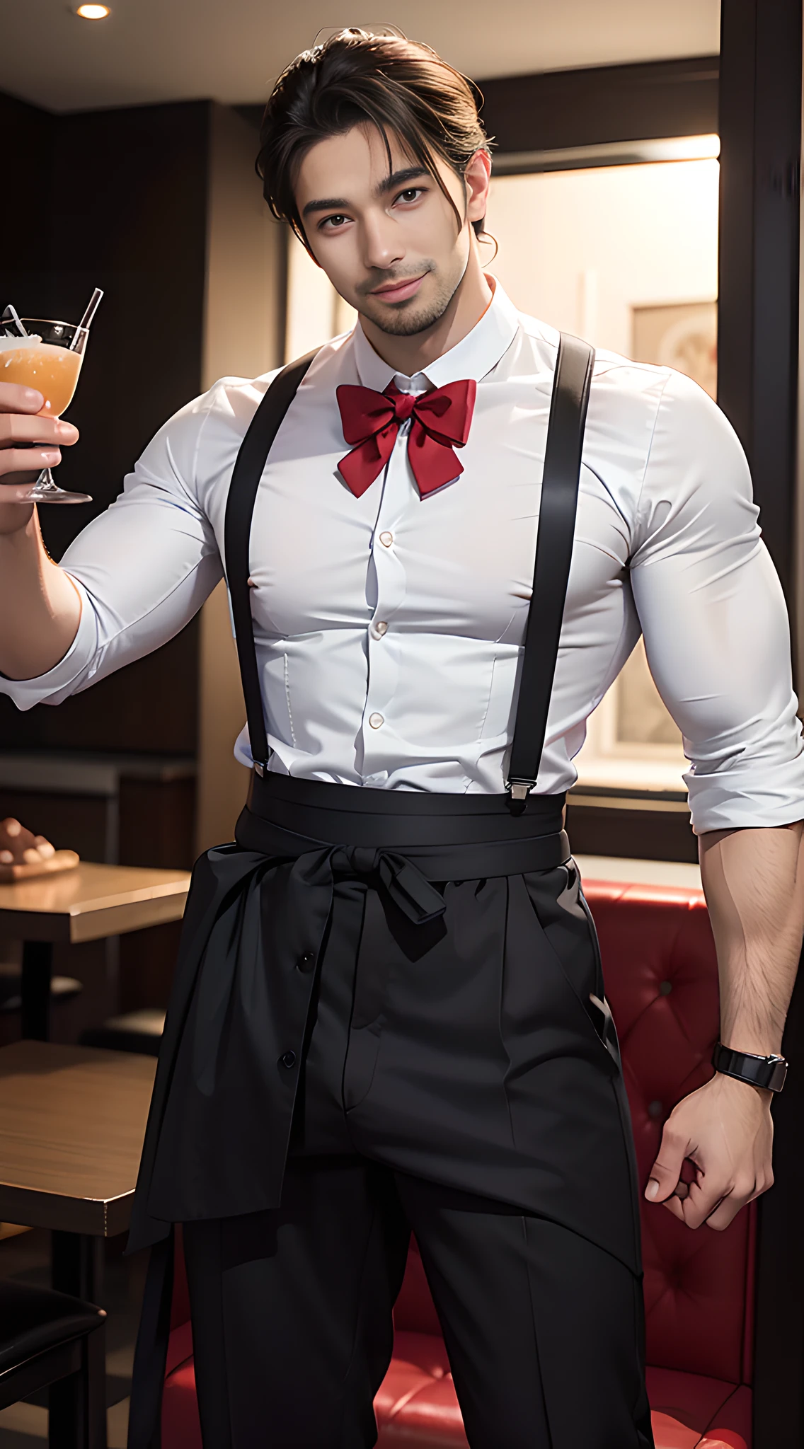 (handsome man in his 30's), (wearing men's Thong), big male genitals under Thong, handsome muscular waiter of the prestigious restaurant, he is in his 30's, red uniform, food and drinks, mischievous smile, (high detail:1 1), Natural muscle、highly quality、beautiful eye、(detailed face and eyes)、(faceless:1 2)、noise、real photo、...PSD、sharp focus、high resolution 8k、Realistic and professional photos、8K UHD、soft lighting、highly quality、film grain、Fujifilm XT3