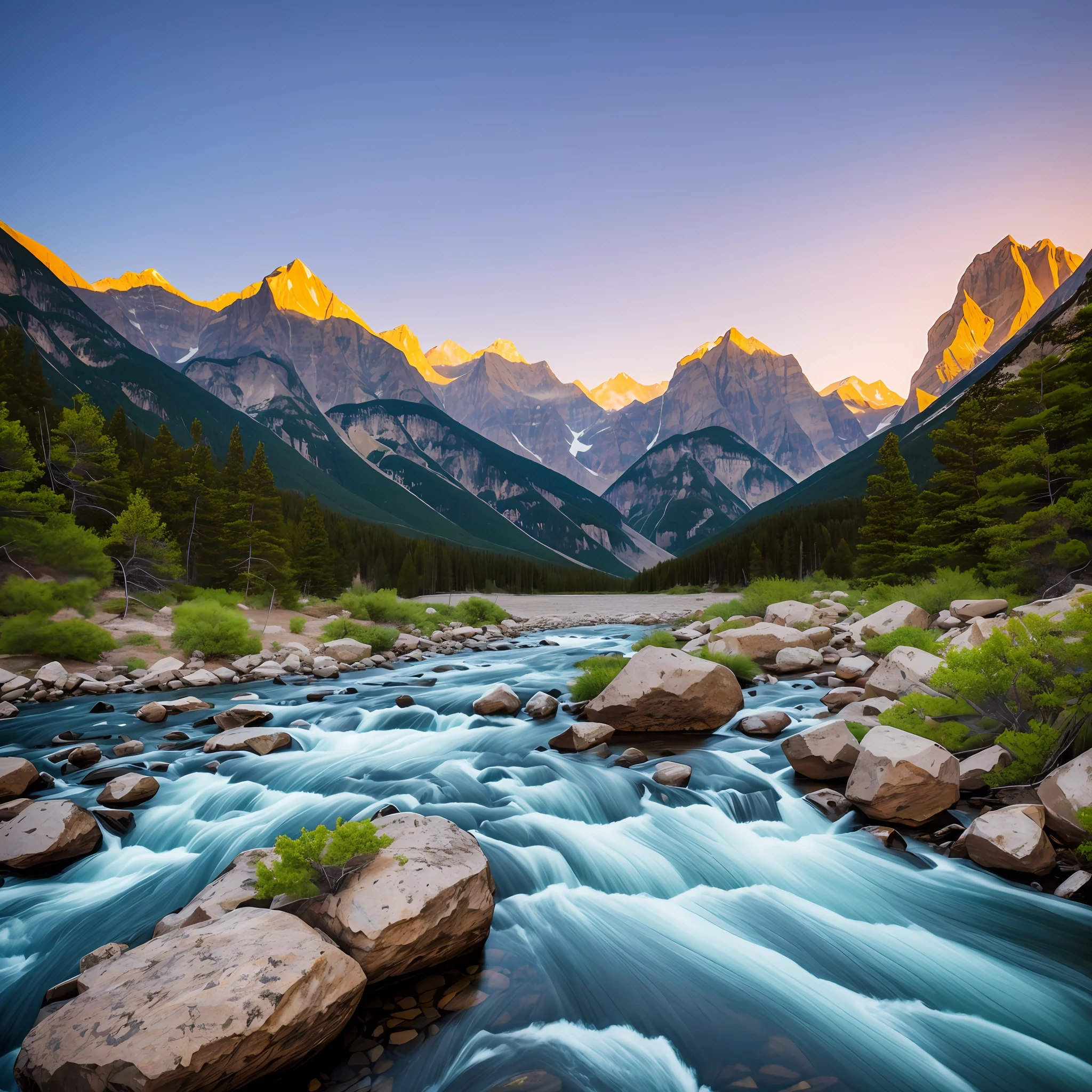 Mountains and rivers: Capture the image of a river that runs through a mountainous landscape to create a dramatic and natural image. --auto --s2