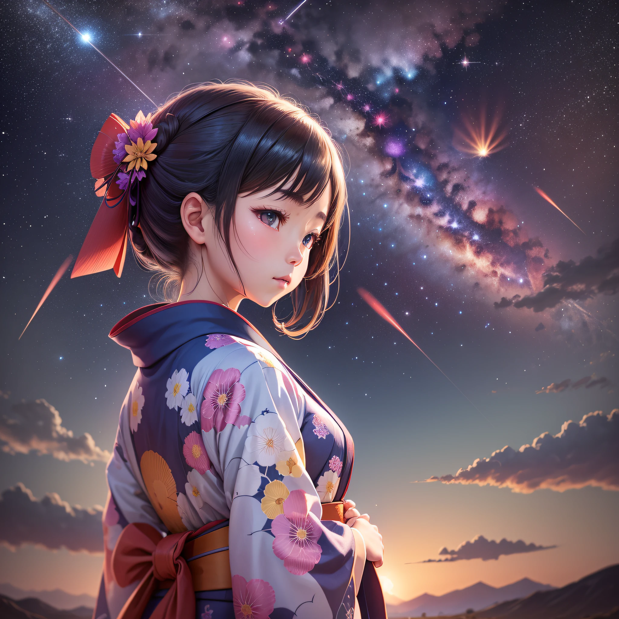 1girl, distant girl wearing a kimono staring at the stars, (zoomed out:1.1), (meteor shower:1.2), (comet:1.1), your name, low angle, from behind, aroura borealis, shooting star, yukata, red kimono, cherry blossoms, standing in a field,best quality, masterpiece, cloud,colorful, starry,stars, --auto --s2