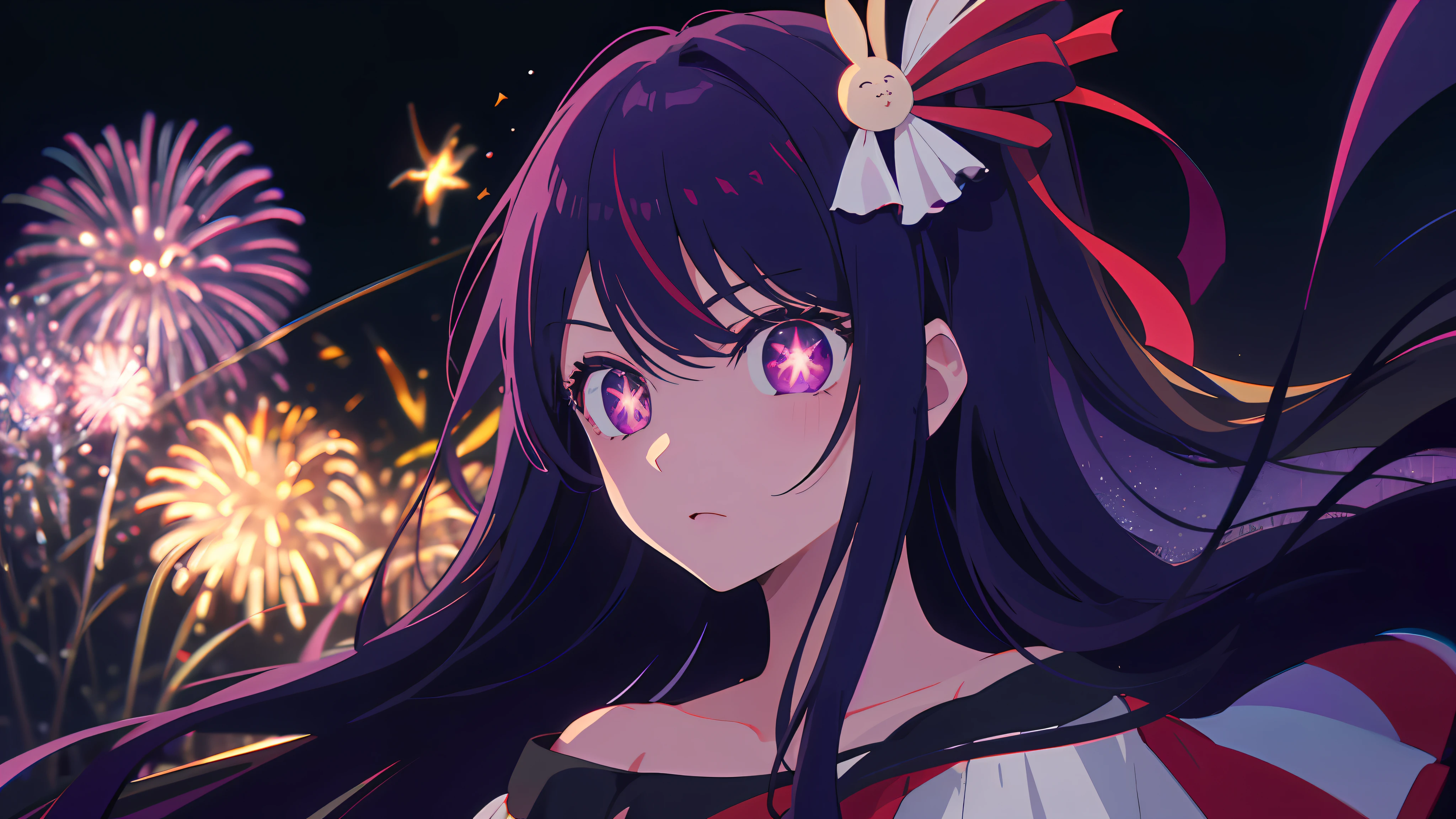(masterpiece, best quality), ((1girl, (mature), Hoshino Ai, ), (dark purple hair, long hair, streaked hair, beautiful hair, hair ornament), (purple eyes, star-shaped pupils, +_+, symbol-shaped_pupils, sparkling_eyes, beautiful eyes, eye highlights, sharp eyes), (looking at the viewer, off shoulder)), (simplier background, dark background, fireworks), (abstract art, highres, chromatic aberration), (),