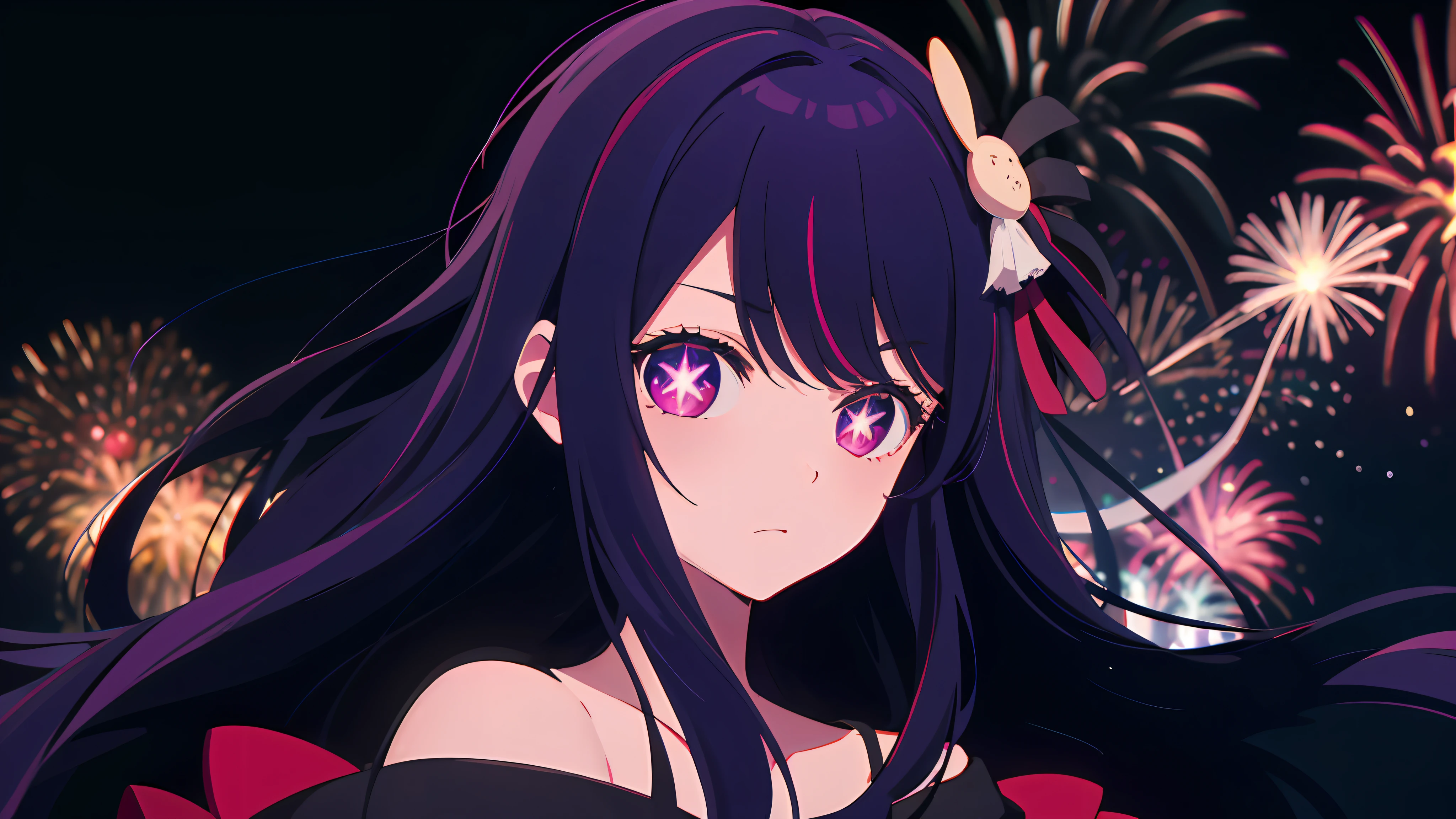 (masterpiece, best quality), ((1girl, (mature), Hoshino Ai, ), (dark purple hair, long hair, streaked hair, beautiful hair, hair ornament), (purple eyes, star-shaped pupils, +_+, symbol-shaped_pupils, sparkling_eyes, beautiful eyes, eye highlights, sharp eyes), (looking at the viewer, off shoulder)), (simplier background, dark background, fireworks), (abstract art, highres, chromatic aberration), (),