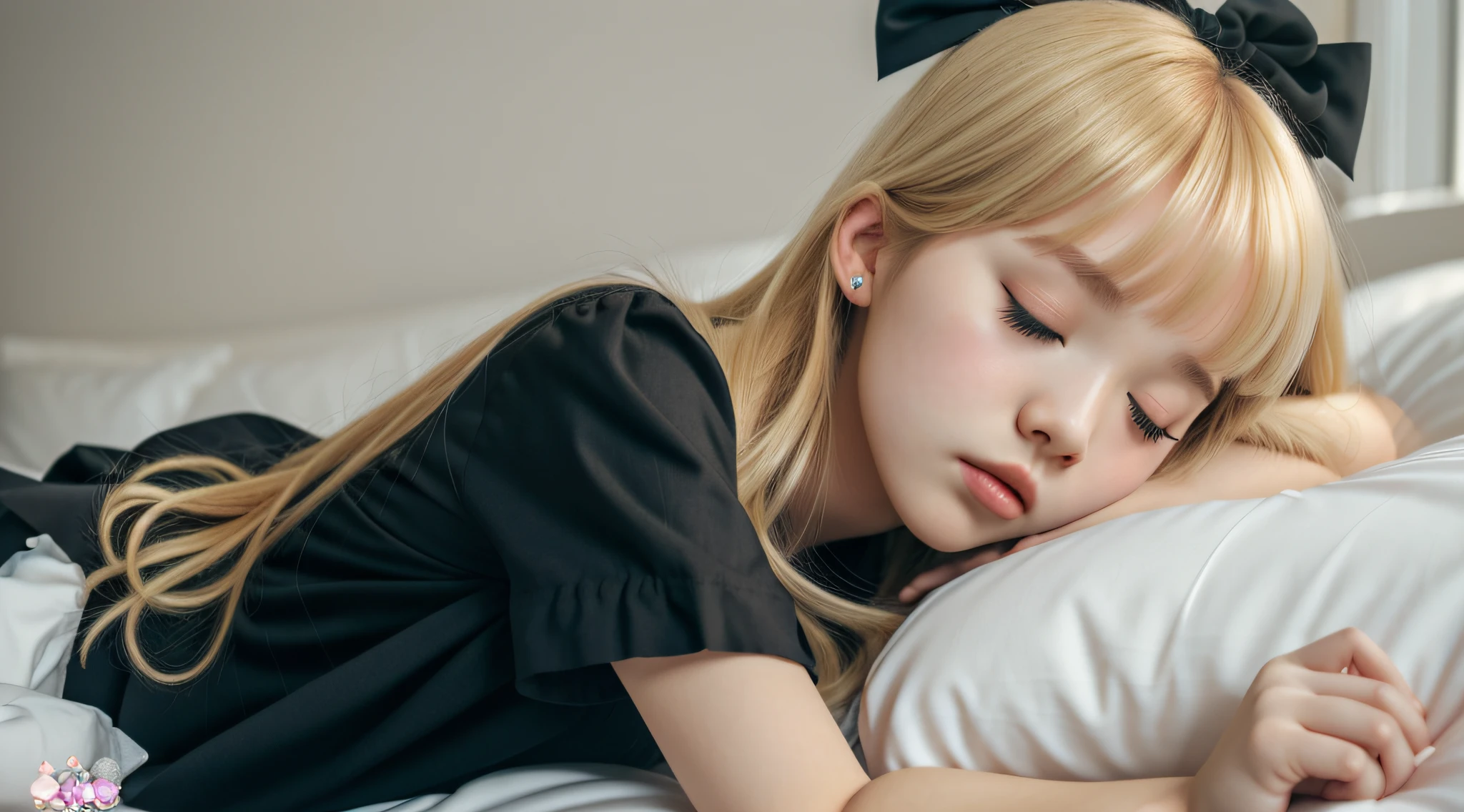 Blonde child girl with black dress and black bow lying on bed, Lalisa Manobal, sleepy model face, Lalisa Manoban of Blackpink, Belle Delphine, sleeping princess!!!!, Sleeping beauty, soft hair, beautiful languid princess, with full bangs, dreaming of kissing a girl, DDLC, cute bangs, sleepy, Sakura Kinomoto