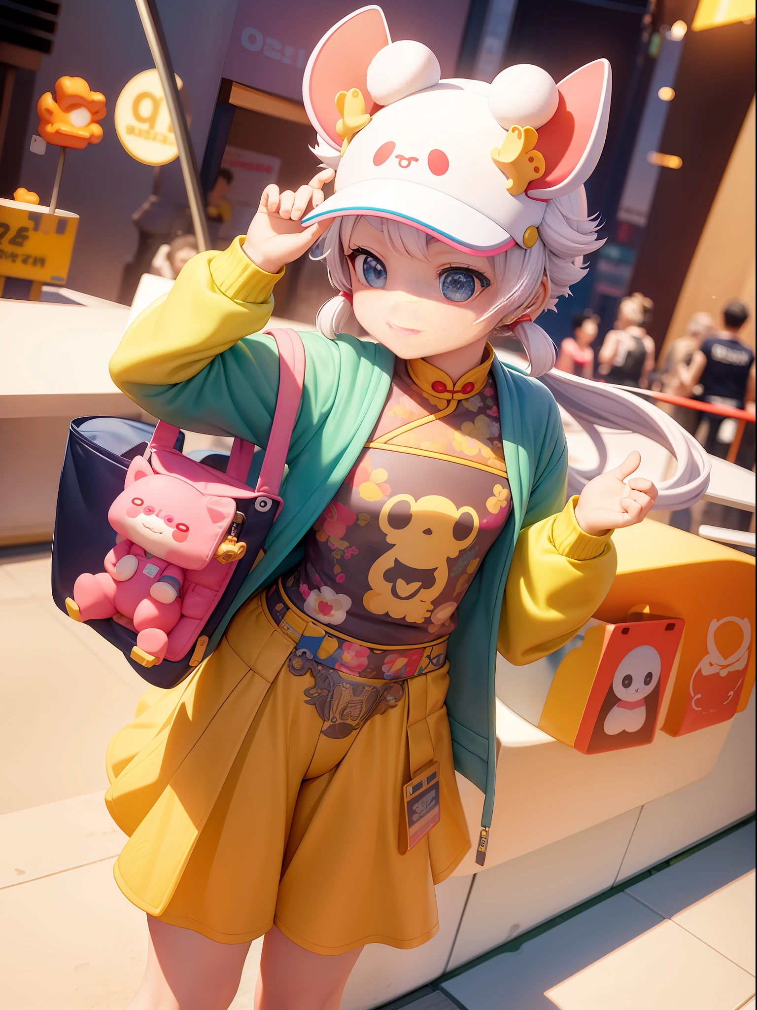 PopMart blind box IP, Chinese zodiac, super cute boy wearing dinosaur shaped clothes, technological elements, fashionable clothes, streamlined 3D/C4D production: 8K HD picture quality/lighting/super fine lens depiction 1.5, flawless, chibi background/cinematic sense.