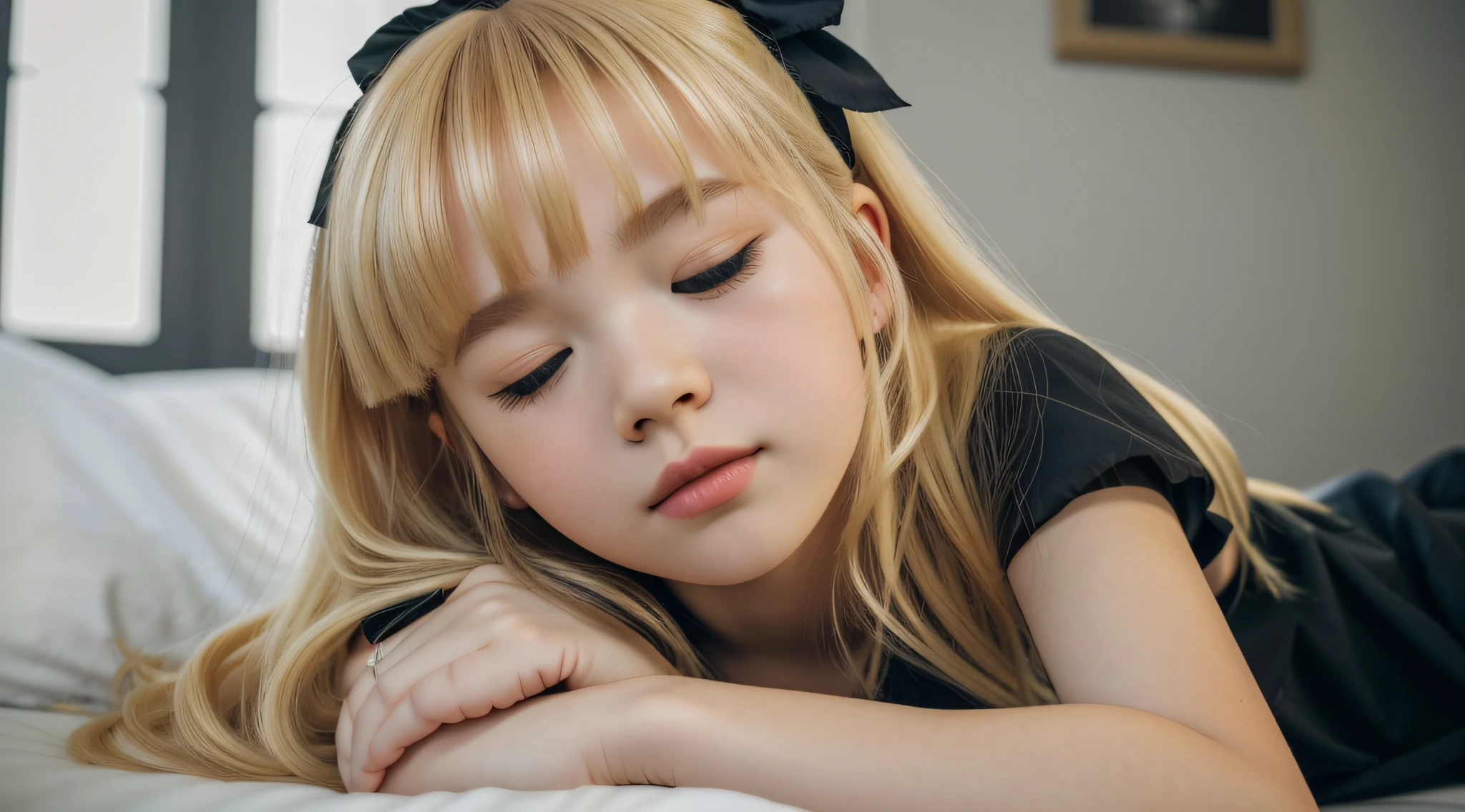 Blonde child girl with black dress and black bow lying on bed, Lalisa Manobal, sleepy model face, Lalisa Manoban of Blackpink, Belle Delphine, sleeping princess!!!!, Sleeping beauty, soft hair, beautiful languid princess, with full bangs, dreaming of kissing a girl, DDLC, cute bangs, sleepy, Sakura Kinomoto