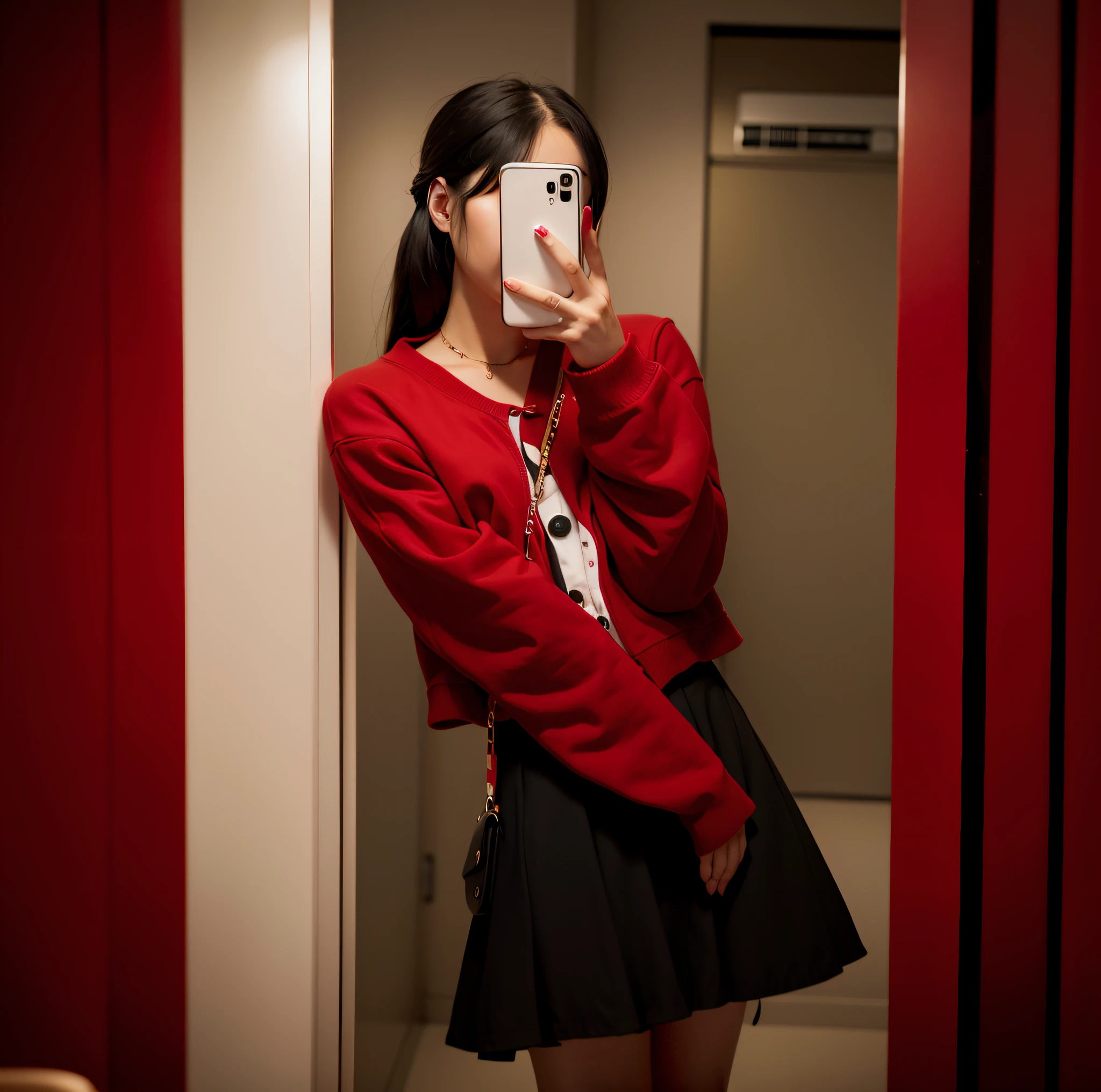 there is a woman taking a selfie in a mirror, black and red silk clothing, red clothes, red + black + dark blue + beige, black and red only, with a red skirt, red jacket, pink and red color style, red and black, wearing a red outfit, cropped shirt with jacket, sha xi, wearing red clothes, cool red jacket