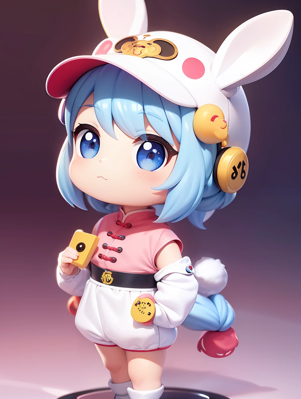 PopMart blind box IP, Chinese zodiac, super cute boy wearing rabbit shaped hat, technological elements, fashionable clothes, streamlined 3D/C4D production: 8K HD picture quality/lighting/ultra-fine lens depiction 1.5, flawless, chibi background/cinematic sense.