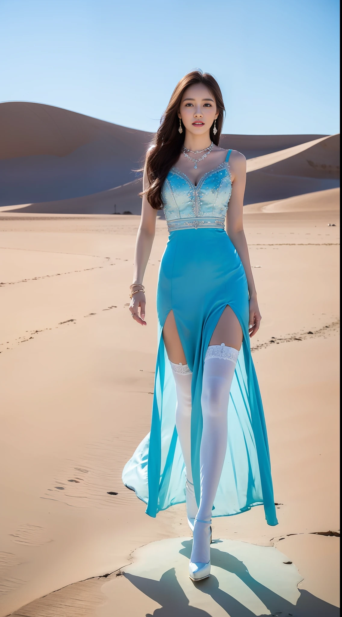High contrast, (8K wallpapers: 1.3), realistic, octane rendering, realistic, (realistic face: 1.2), sharp focus, (masterpiece), (best quality), (mirror lighting: 1.5), light on the face, (goddess, flowing long hair: 1.3), noble and gorgeous, 1 goddess, (standing by the water: 1.4), reflection, real, slim figure, sky blue and light pink evening dress, crystal necklace, gorgeous fabric, diamond earrings, metal bracelet, atmospheric walking posture, red lips, High heels, white stockings, lighting effects, shining light, blue sky, desert, (gorgeous:1.2), (elegant:1.1), (confident:1.1)