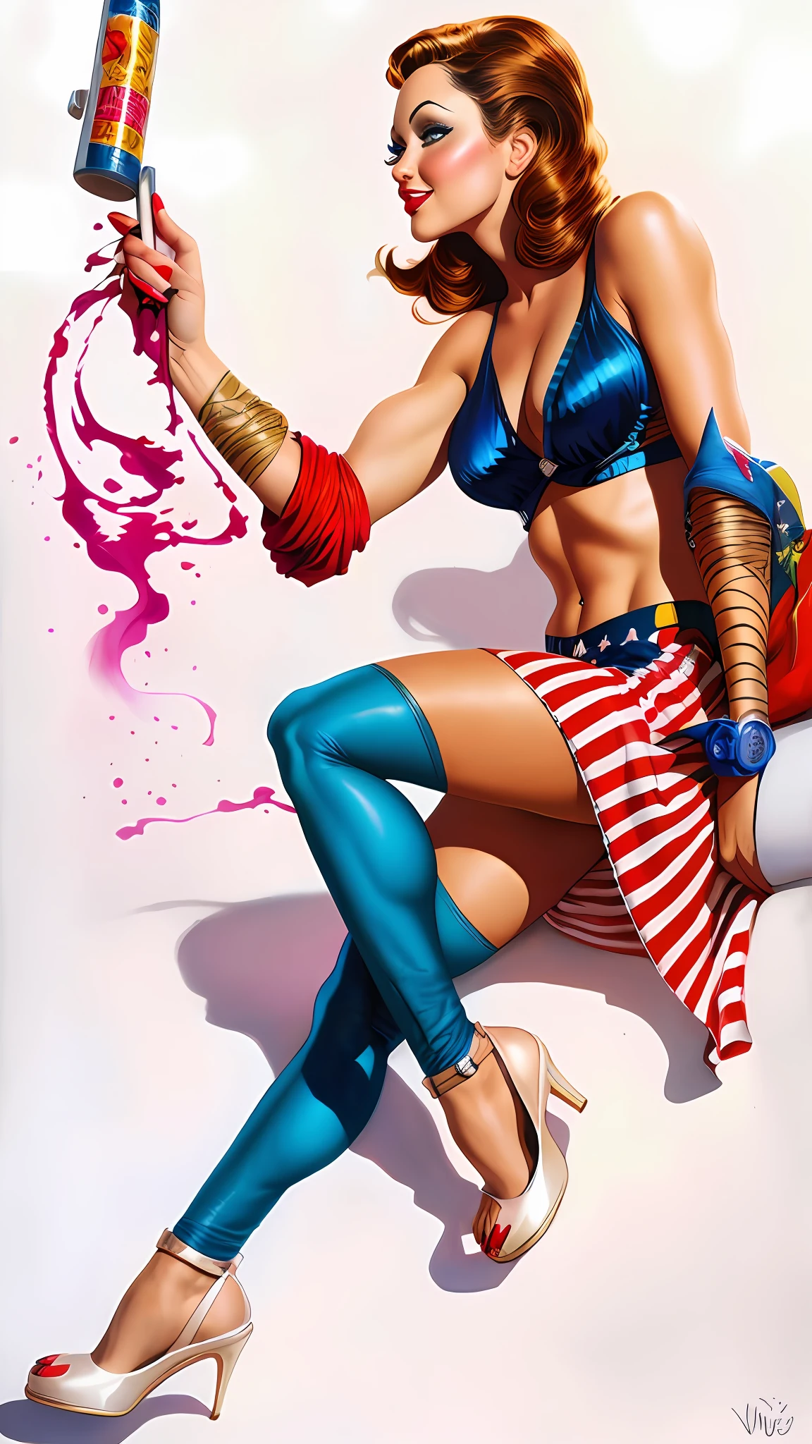 Painting of woman in hyper realistic style, pinup style. Vargas style