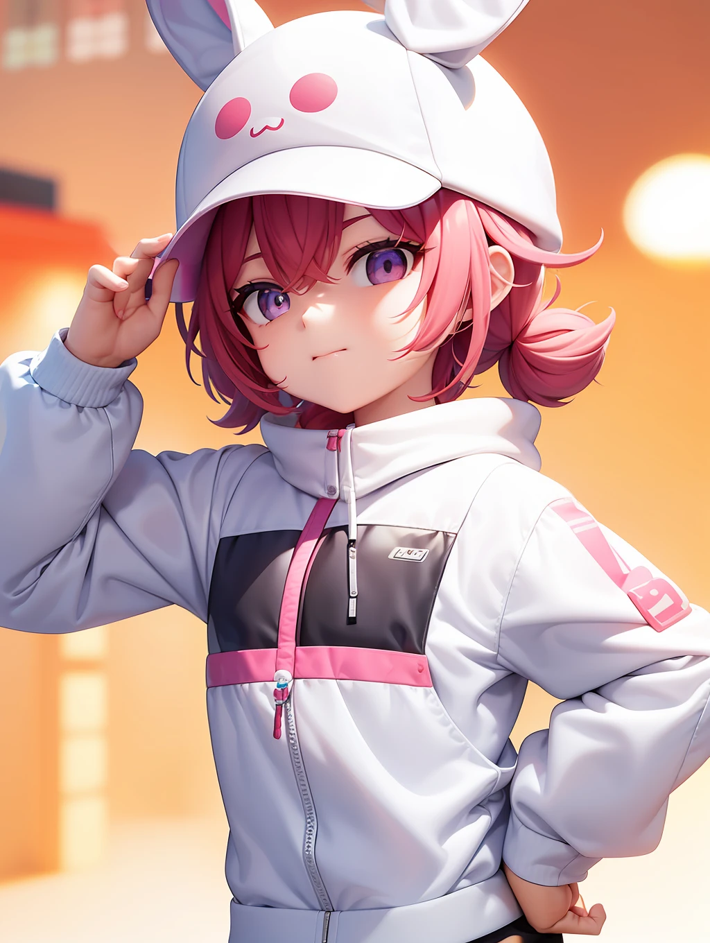 PopMart blind box IP, Chinese zodiac, super cute boy wearing rabbit shaped hat, technological elements, fashionable clothes, streamlined 3D/C4D production: 8K HD picture quality/lighting/ultra-fine lens depiction 1.5, flawless, chibi background/cinematic sense.
