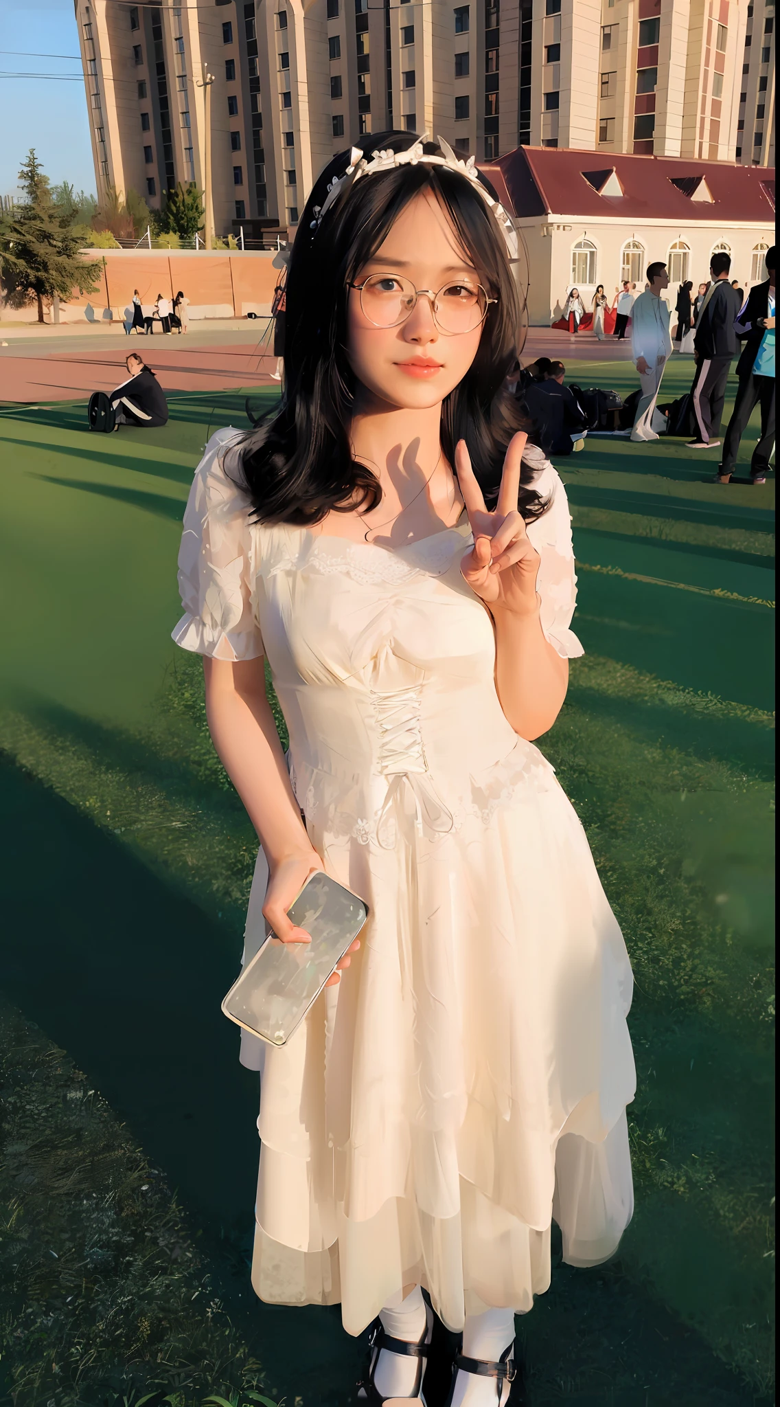 there is a woman in a dress and glasses posing for a picture, romantic dress, wearing white dress, wearing a cute white dress, ulzzang, wearing stunning ivory dress, translucent dress, wearing ivory colour dress, lace dress, laced dress, white lace dress, white dress, pretty white dress, skinny girl in white boho dress, wearing a white dress