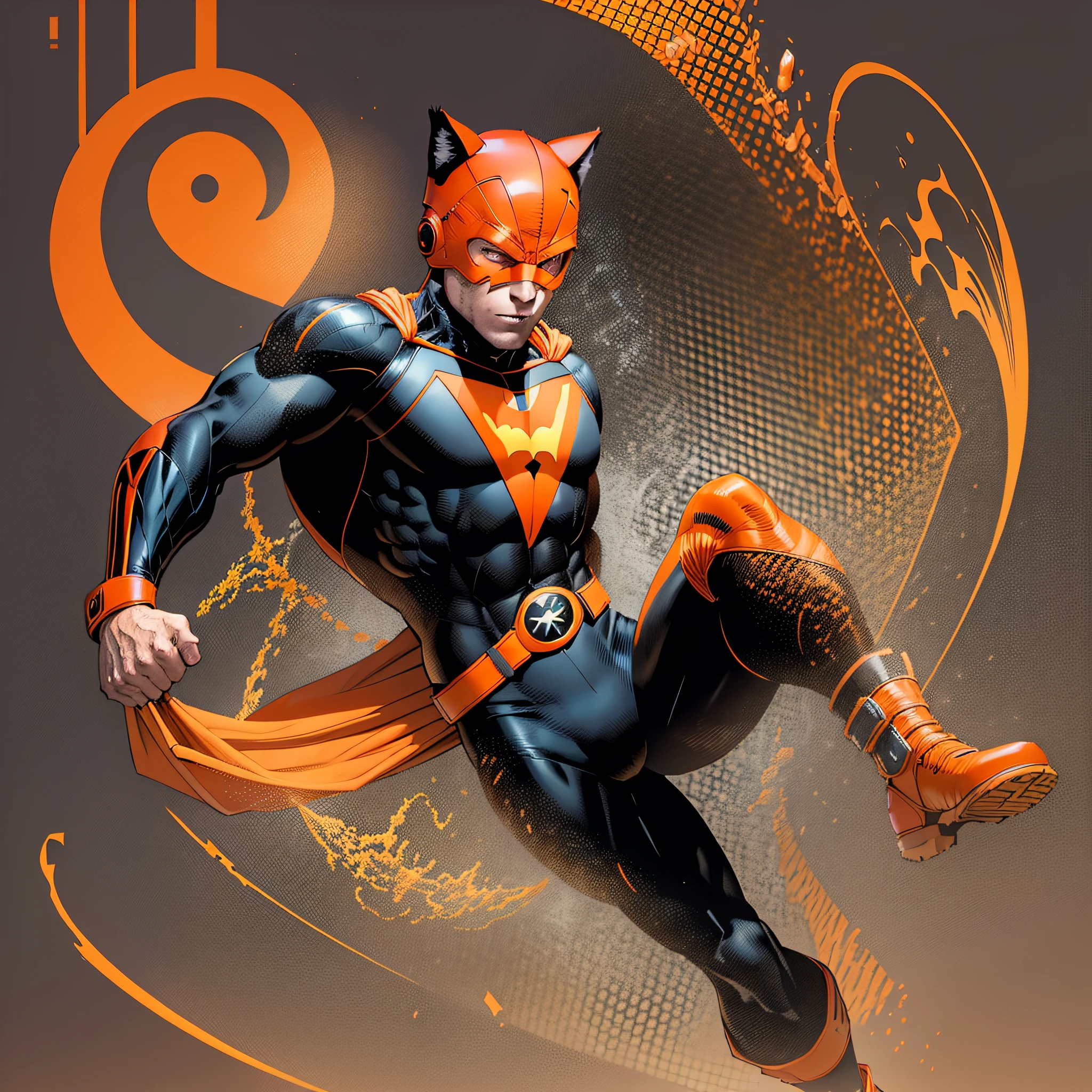 handsome young man 22 years old,orange mask with feline ear,orange brusa,black long sleeves,orange glove,orange belt,black pants,orange boot,super hero,full body,he's kicking in the air,turning pose to the right side, white background --seed1044287161