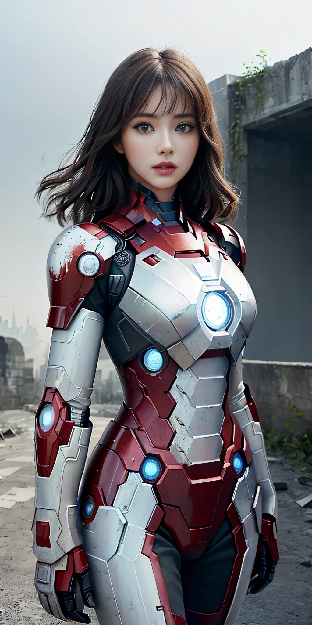 (1girl:1.3), Solo, (((Very detailed face)))), ((Very detailed eyes and face)))), Beautiful detail eyes, Body parts__, Official art, Unified 8k wallpaper, Super detailed, beautiful and beautiful, beautiful, masterpiece, best quality, original, masterpiece, super fine photo, best quality, super high resolution, realistic realism, sunlight, full body portrait, amazing beauty, dynamic pose, delicate face, vibrant eyes, (from the front), She wears an Iron Man suit, red and black color scheme, war armor, very detailed war ruins background, detailed face, detailed complex busy background, messy, gorgeous, milky white, highly detailed skin, realistic skin details, visible pores, clear focus, volumetric fog, 8k uhd, DSLR, high quality, film grain, fair skin, photo realism, lomography, futuristic dystopian megalopolis, seen from below, translucent