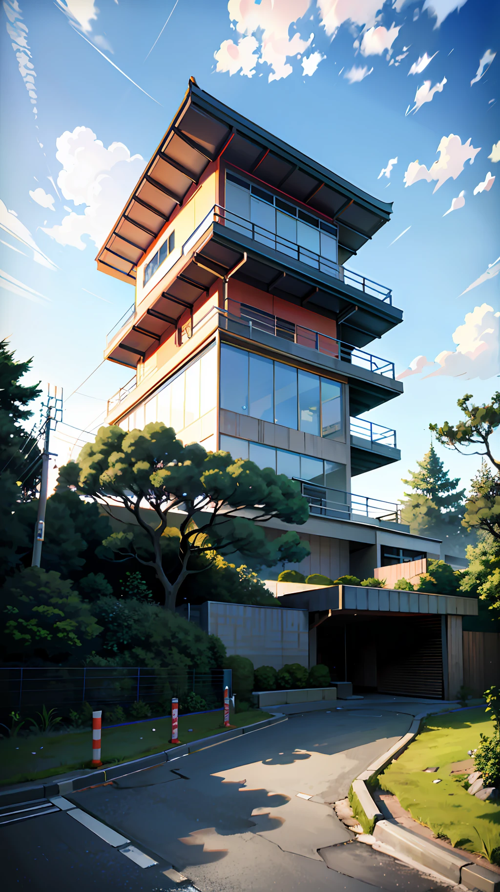 (Japanese modern Landscape), (Hayao Miyazaki Style), japanese modern house, road, bend, small house, tree, pole, white cloud, landscape, outdoor, green trees, epic composition, realistic lighting, high-definition detail, masterpiece, the best quality, (very detailed CG unified 8k wallpaper), --v6