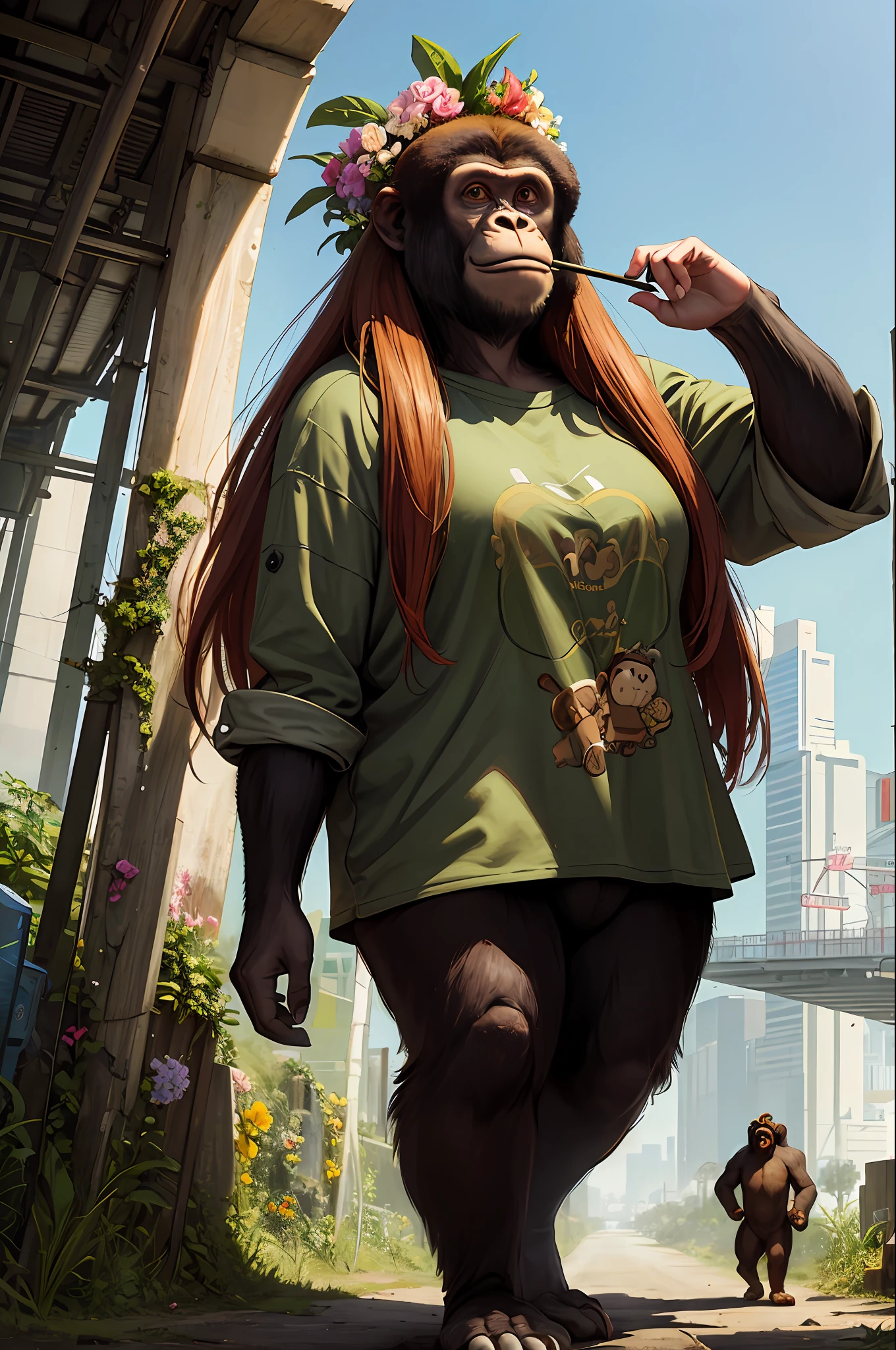 Masterpiece, best quality, realistic , thick monkey, female gorilla, orangutan head, blur, cable, flower picking in the wild, cyberpunk, wearing a long wig and clothes, flowers in hand, solo,