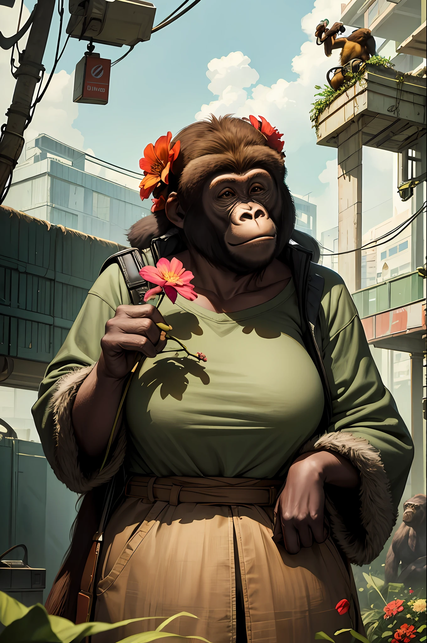 Masterpiece, best quality, realistic , thick monkey, female gorilla, orangutan head, blur, cable, flower picking in the wild, cyberpunk, wearing a long wig and clothes, flowers in hand, solo,