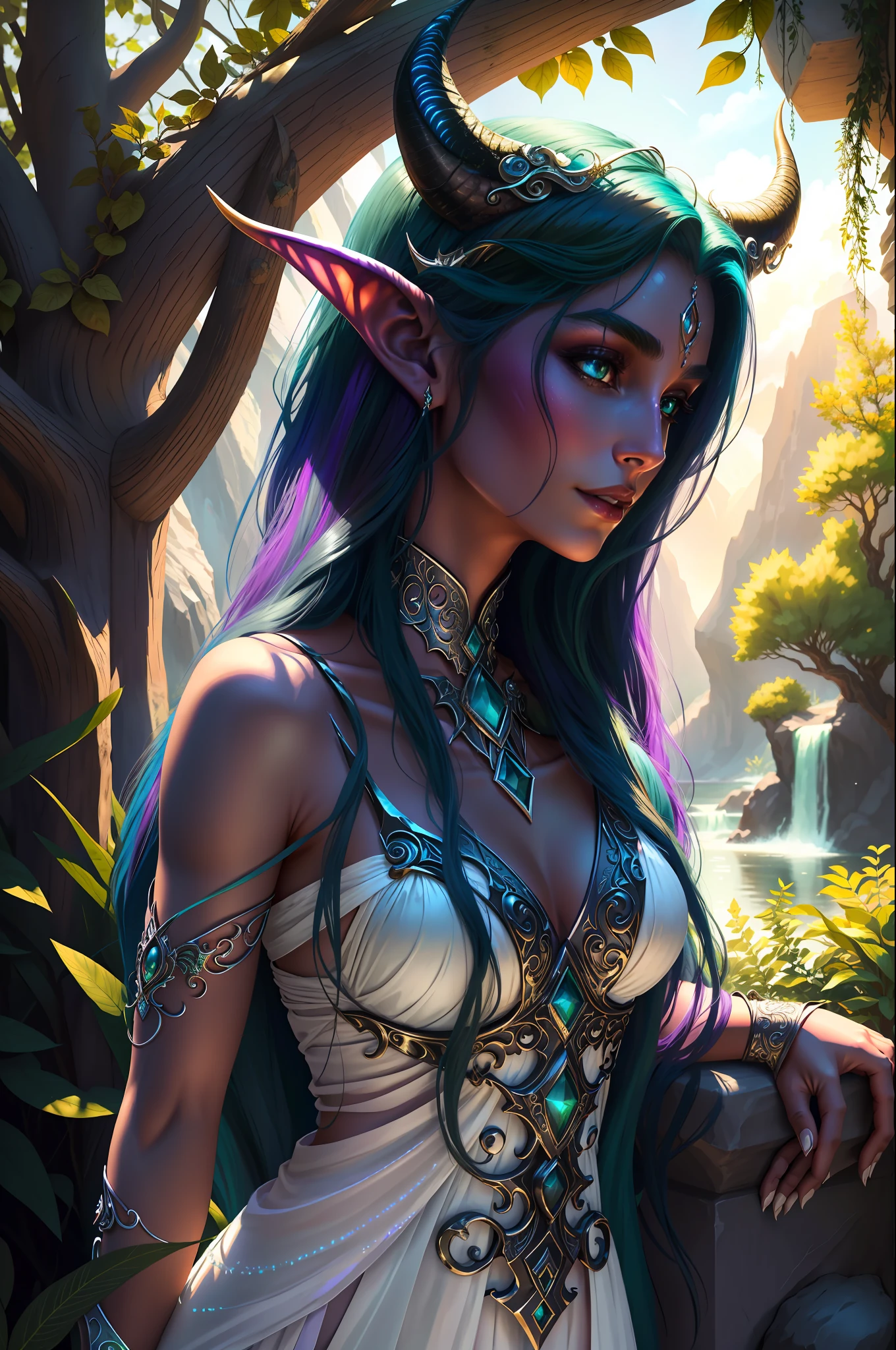 tyrande whisperwind, elegant elf woman, beautiful, high definition artwork, realistic, tiefling woman, 1girl, black dragon horns, black dragon tail, outdoors, nature, plants, demon horns, soft colours, soft colors, high detail, white revealing dress, high detailed face, beautiful face