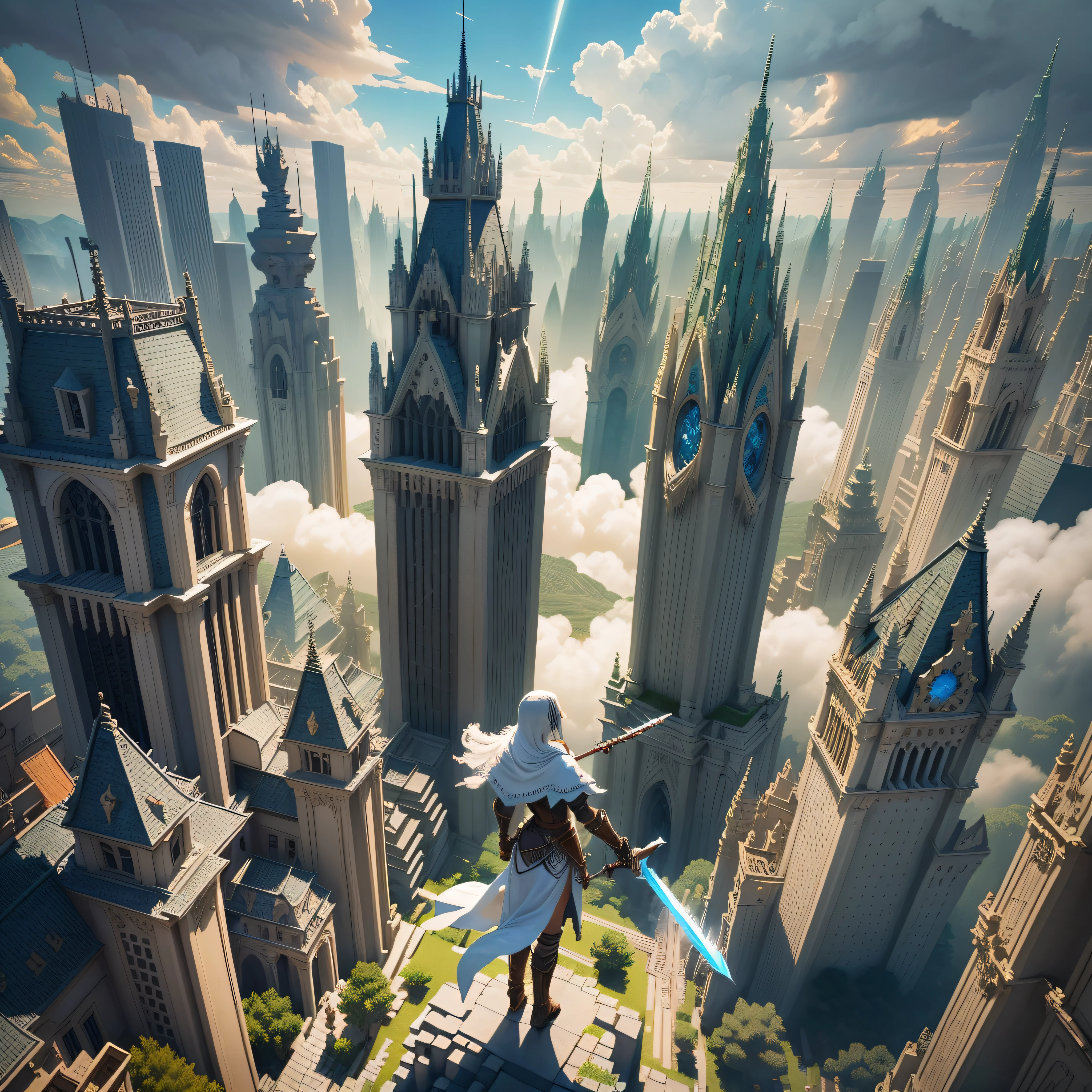 Please create a character in Minecraft who gracefully traverses between realms upon ethereal clouds, brandishing a sword in hand. Let this vision embody the concept that "Imagination is the most formidable instrument for crafting extraordinary realms." --auto --s2