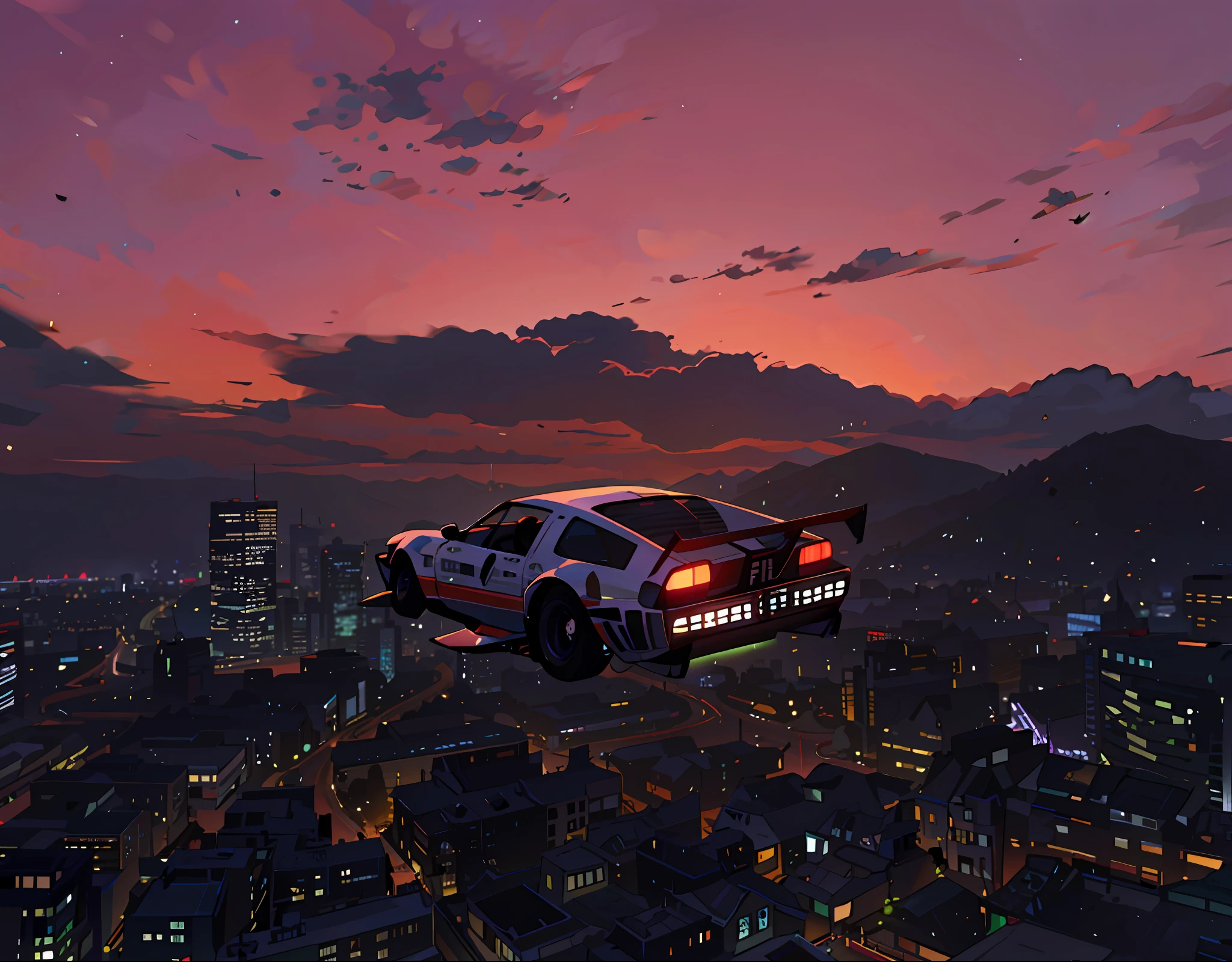 (Best-Quality:0.8), (Best-Quality:0.8), Perfect Anime Illustration, GTA Derosso Flying Car, Over the City, Speeding Car, Retro Classic Sports Car, Sunset
