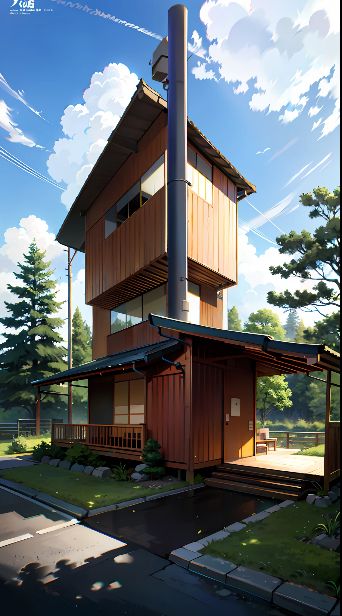 (Japanese modern Landscape), (Hayao Miyazaki Style), japanese modern house, road, bend, small house, tree, pole, white cloud, landscape, outdoor, green trees, epic composition, realistic lighting, high-definition detail, masterpiece, the best quality, (very detailed CG unified 8k wallpaper), --v6