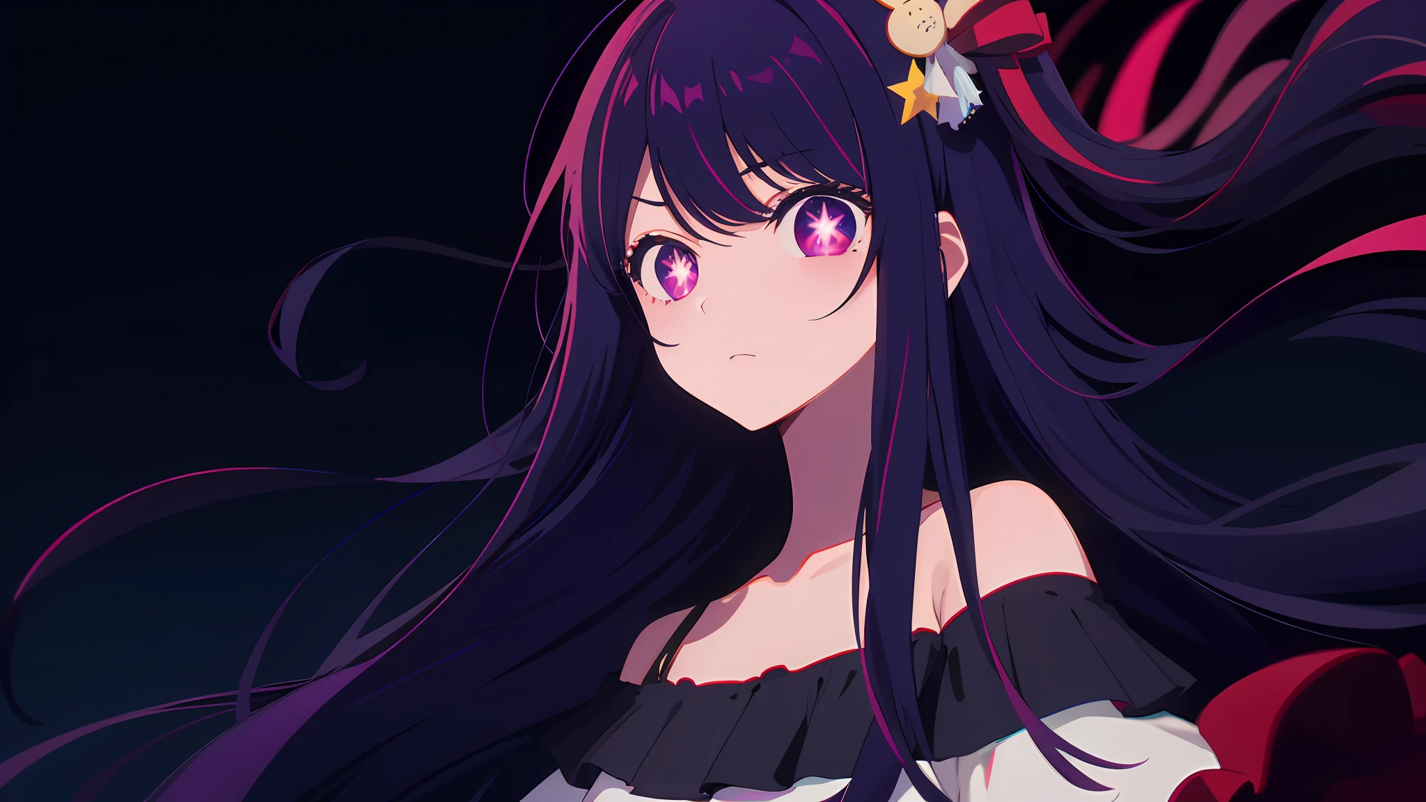 (masterpiece, best quality), ((1girl, (mature), Hoshino Ai, ), (dark purple hair, long hair, streaked hair, beautiful hair, hair ornament), (purple eyes, star-shaped pupils, +_+, symbol-shaped_pupils, sparkling_eyes, beautiful eyes, eye highlights, sharp eyes), (looking at the viewer, off shoulder)), (simplier background, dark background, fireworks), (abstract art, highres, chromatic aberration), (),