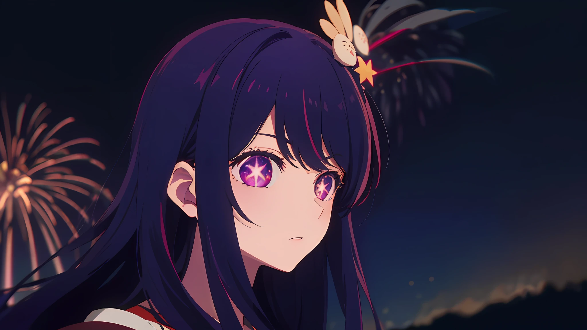 (masterpiece, best quality), ((1girl, (mature), Hoshino Ai, ), (dark purple hair, long hair, streaked hair, beautiful hair, hair ornament), (purple eyes, star-shaped pupils, +_+, symbol-shaped_pupils, sparkling_eyes, beautiful eyes, eye highlights, sharp eyes), (looking at the viewer, off shoulder)), (simplier background, dark background, fireworks), (abstract art, highres, chromatic aberration), (),