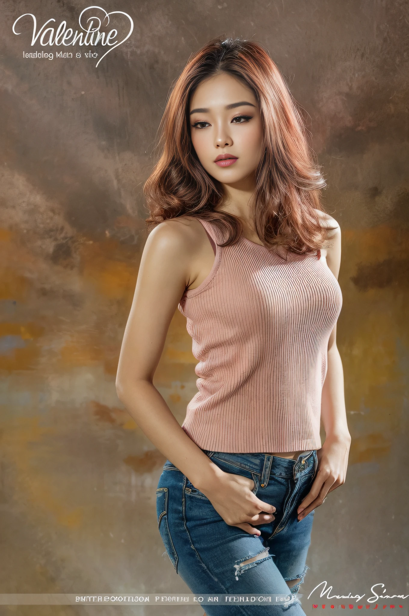 arafed woman in a pink top and jeans posing for a picture, photo of slim girl model, gorgeous young korean woman, sexy young woman, wearing a camisole, 2 4 year old female model, young asian girl, young asian woman, beautiful female model standing, beautiful young asian woman, beautiful young korean woman, korean women's fashion model