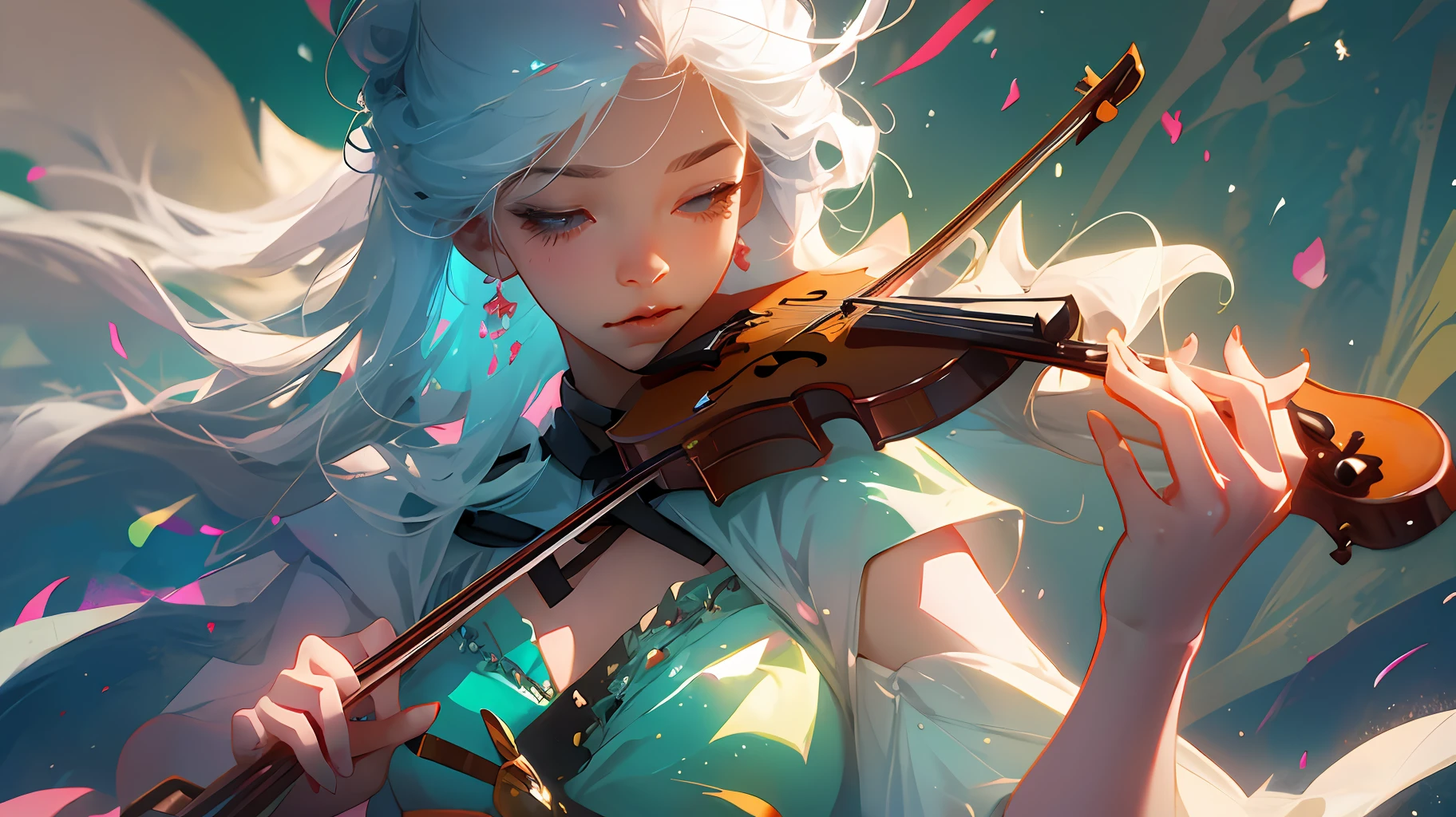 Hot woman playing violin with eyes closed and in white anime dress --auto --s2
