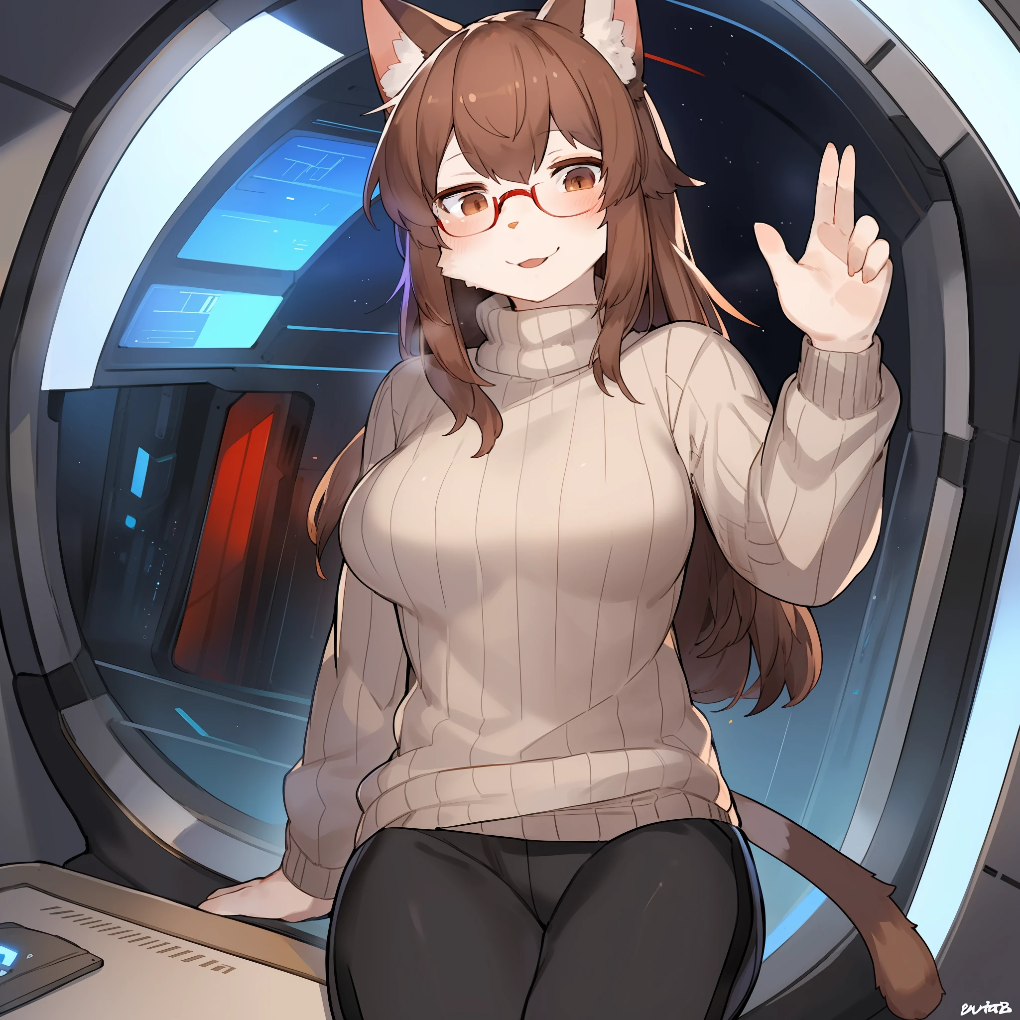 (By suurin 2), ((by buta99)), (((by bebebebebe))), solo anthro, female, feline, domestic cat, grey fur, grey body, brown eyes, red glasses, spaceship, science fiction, sci-fi, window, smiling, happy, brown hair, by sindoll, by cervina 7, ((by kishibe)), turtleneck, sweater