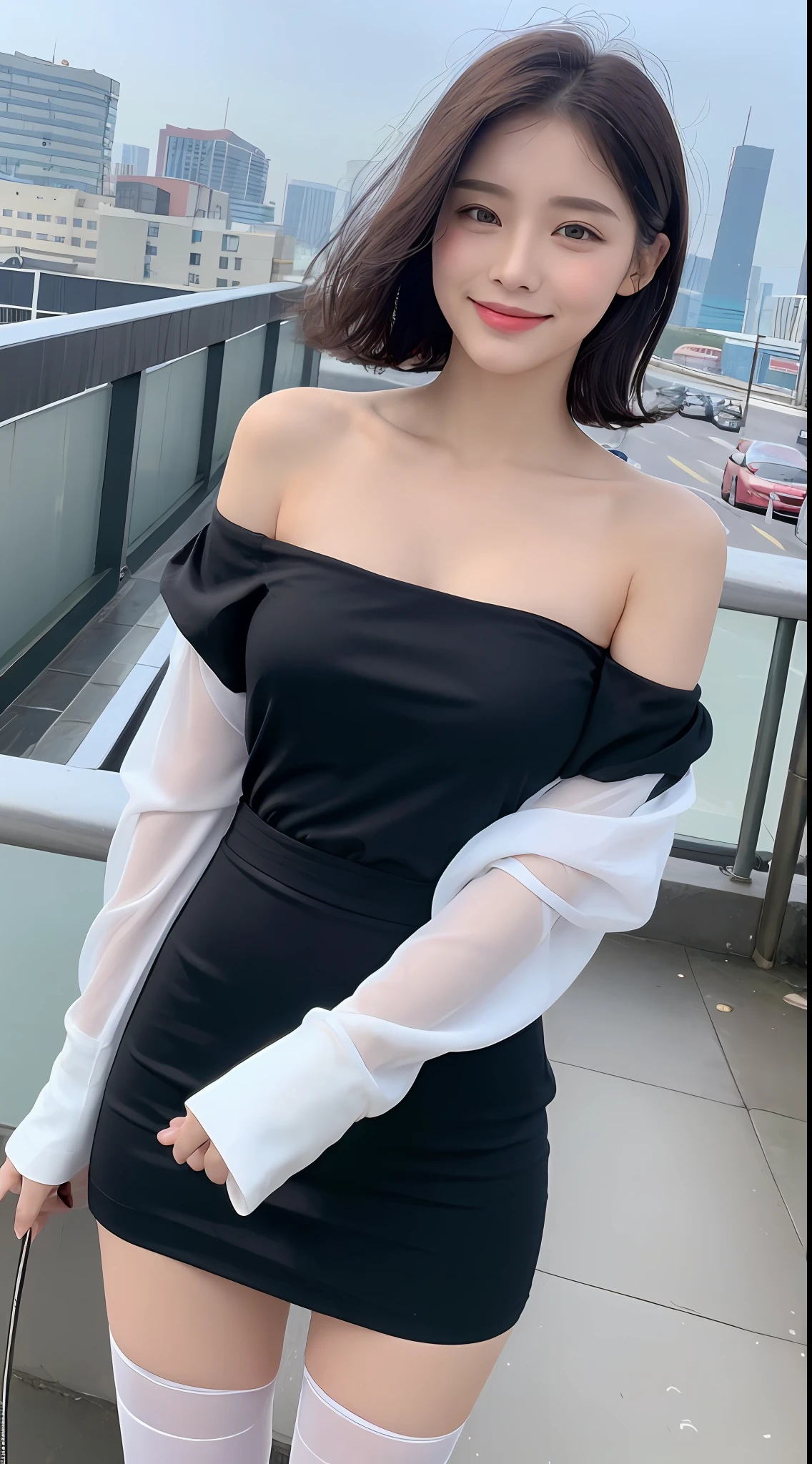 ((Best Quality, 8k, Masterpiece:1.3)), Focus:1.2, Perfect Body Beauty:1.4, Buttocks:1.2, (Layered Haircut, Breasts:1.2)), (Wet Clothes:1.1) , (Rain, Street:1.3), Colorful Gradient Bandeau, Off-the-Shoulder White Gaunt: 1.1, Black Stockings Shiny (1:1) Highly detailed face and skin texture, Fine eyes, Double eyelids, Whitened skin, Long hair, (Shut up: 1.3), Smile, Rooftop