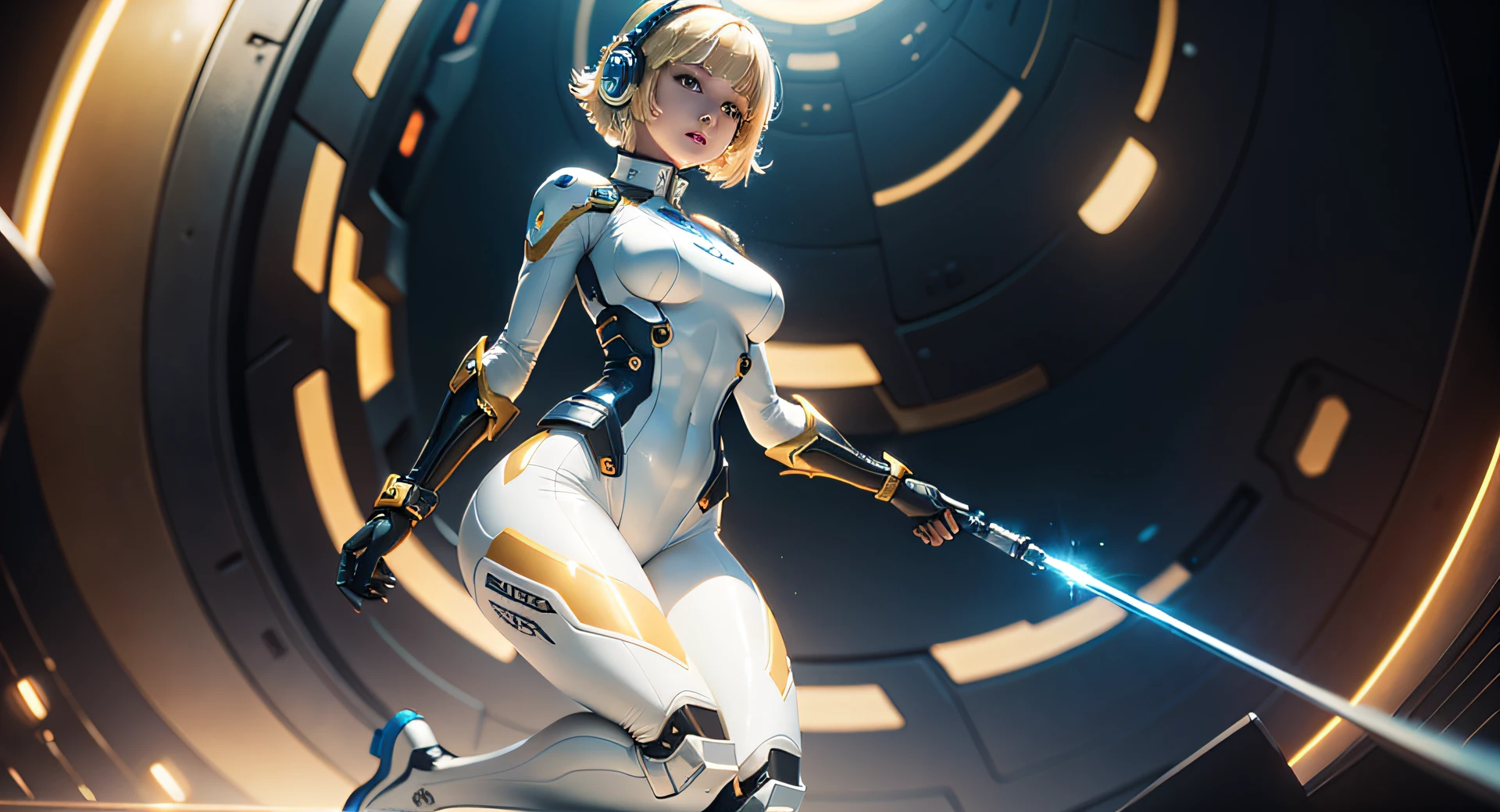 Full body, golden hair, short hair, blunt bang, masterpiece, best quality, official art, album art, very elaborate CG Unity 8K wallpaper, lone girl, Japan girl, full body, super high resolution, (photorealistic: 1.4), dynamic angle, dynamic pose, mystical power, floating particles, reflection, very cute, petite, sparkling blue color eyes, Golden hour lighting, pilot suit in white and blue and black colors, tight fitting clothes, full-body covering clothes, knee boots, (puffy eyes), viewer watch, front-facing, beauty, medium breasts, shirt lift, metal wire, slim body, arm-length gloves, anime heroine, gentle smile, headset, helmet, detailed robot cockpit, super futuristic space,