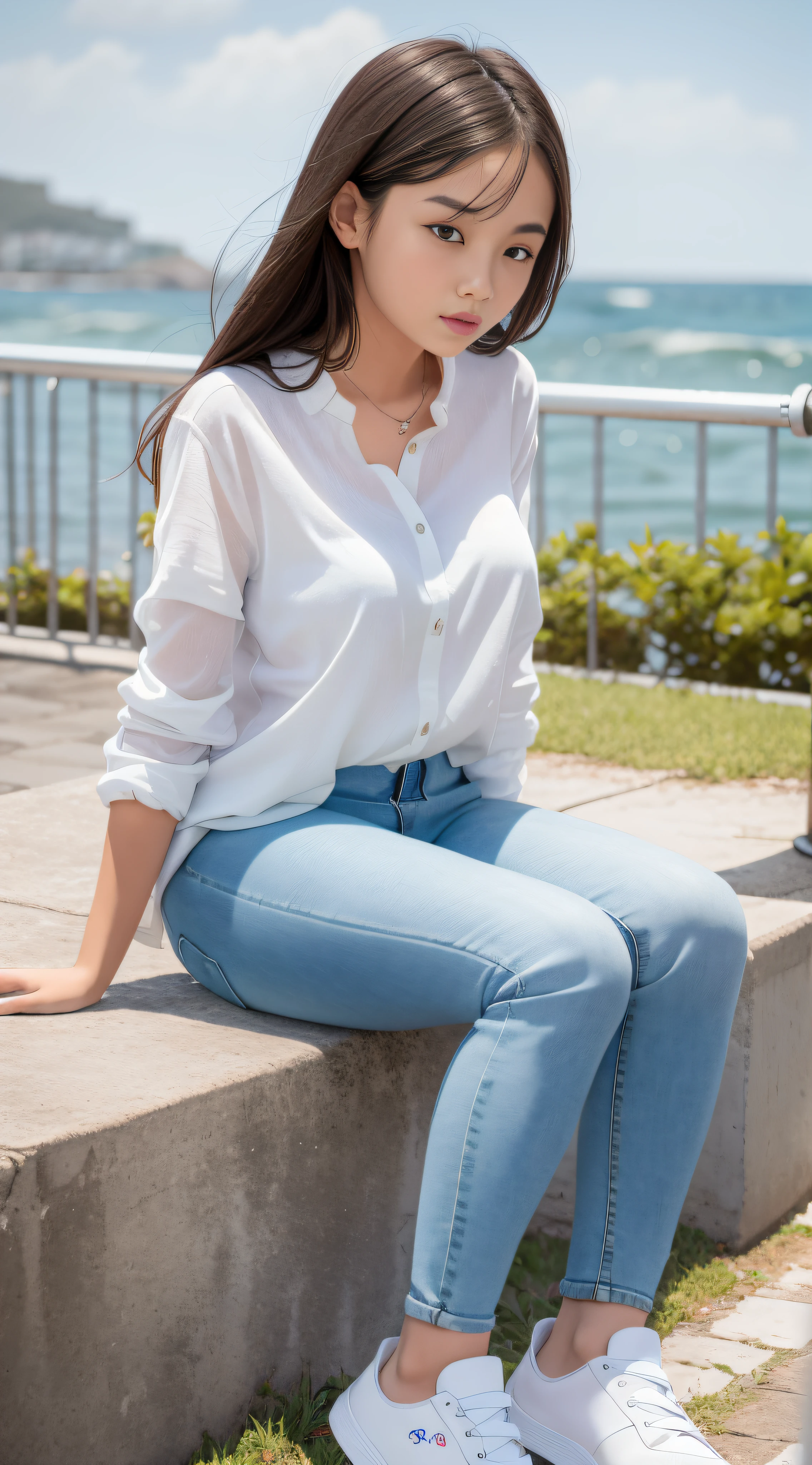 A girl in a soaked white shirt, blue skinny denim trousers, sneakers sitting by the sea (front)