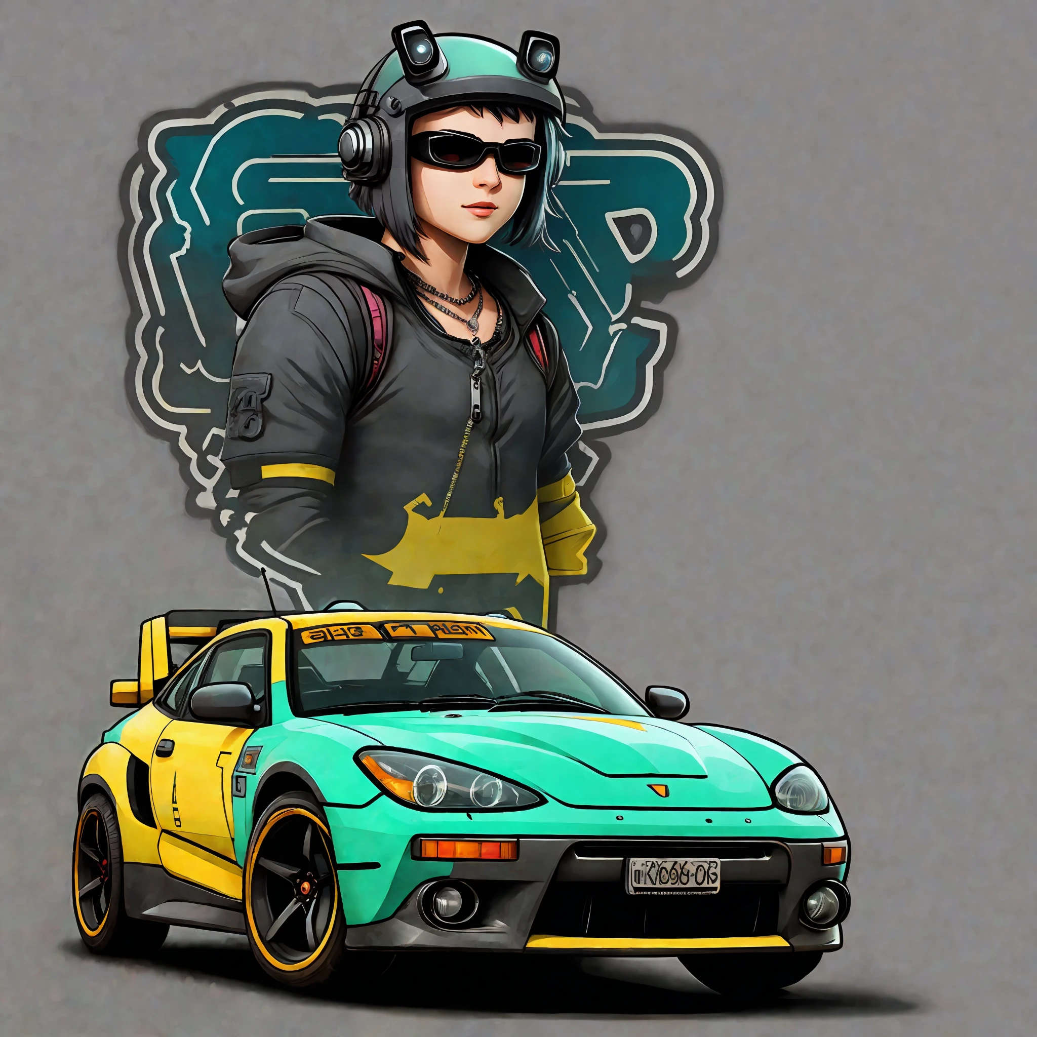 (cute cartoon of:1) Cyberpunk car, high quality,