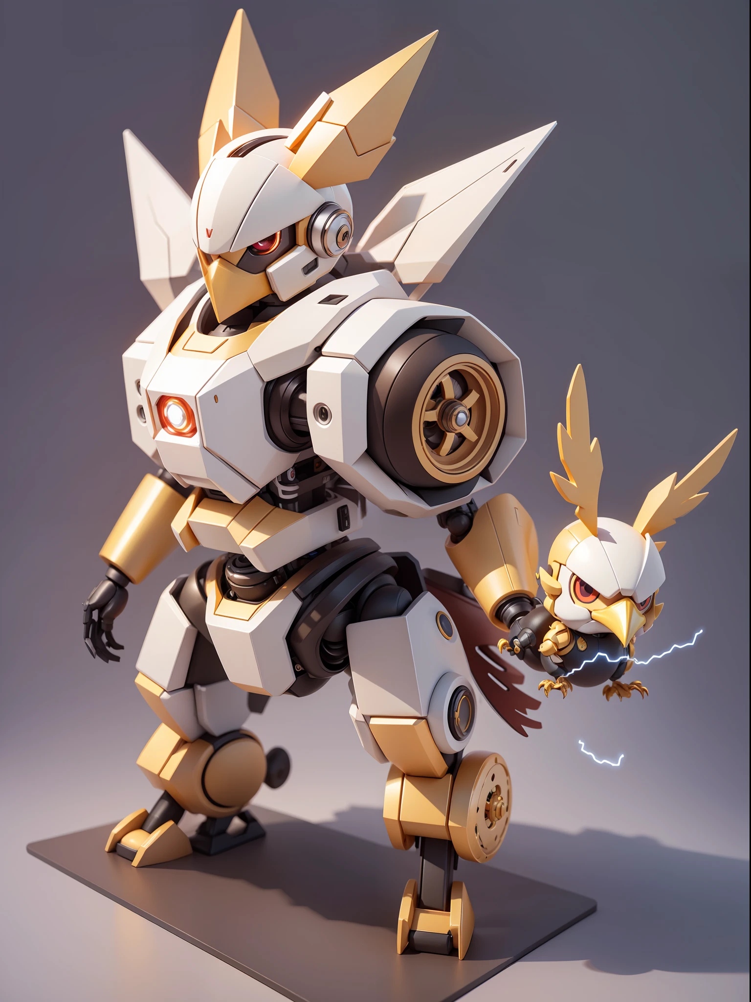 (Mechanical Chicken: 1.331), (Mechanical Chicken Tail), (Mechanical Chicken Crown), Cute Style, Small, Big Head, 3D Rendering, ((Q Version)), Pokémon Style, Machine Style, Cinematic Texture, Figure, Pokémon, Movie Lights, Heavy Robotic Arm, Mechanical Belly, Mechanical Leg, Mechanical Leg, Mechanical Feeling, Background Surround Lightning, Spin Flash, Colorful Lightning, Lightning, Cool, Clean White Background, Ray Tracing, Premium Color, Full Body 3D Model, Action, Stylish Blind Box Toys. (fill body:1.2),chibi