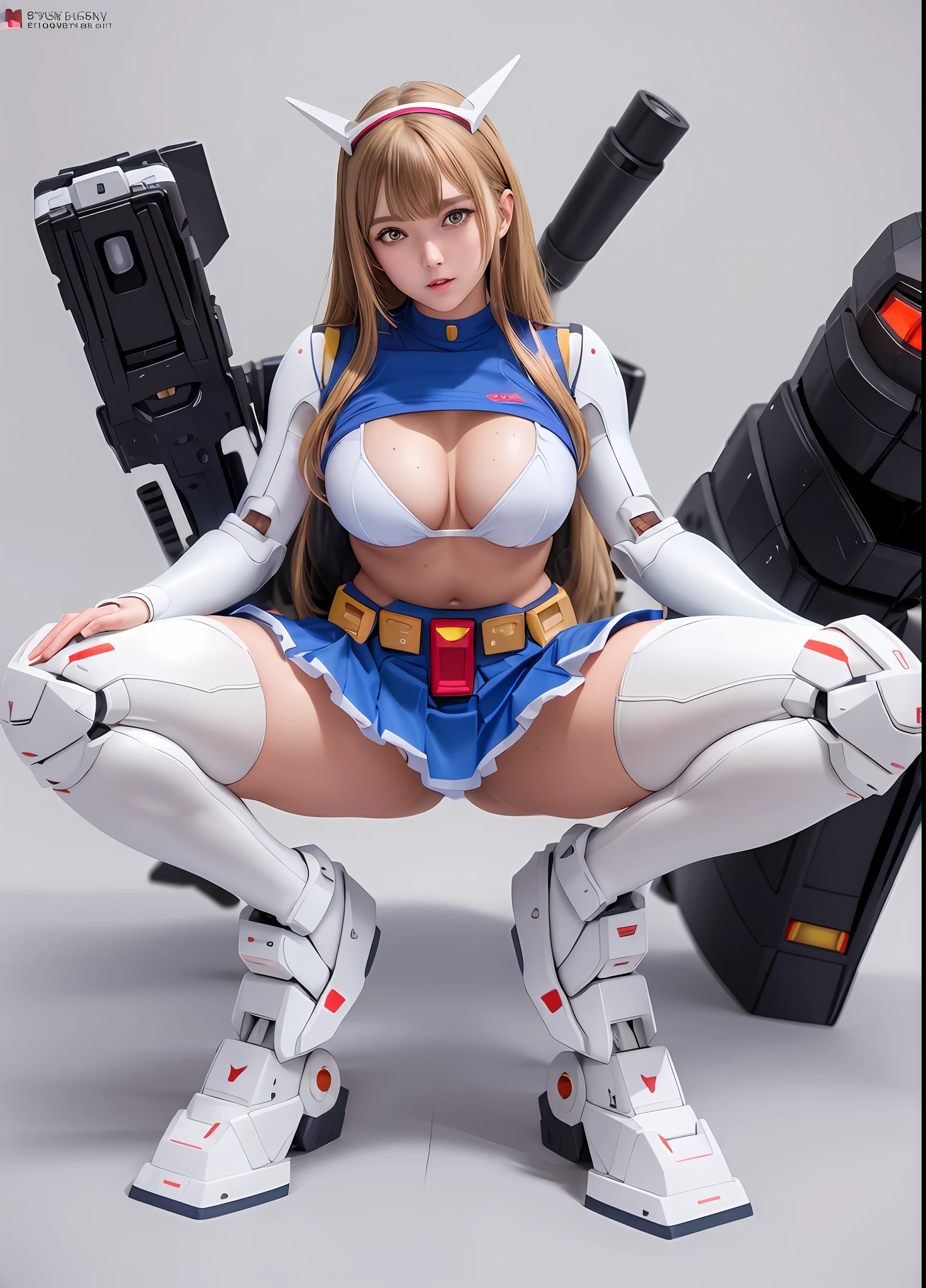 (top quality), (masterpiece), personification of Mobile Suit Gundam F91, nsfw, great highlights of the upper body, powerful mechs, girl with beam rifle, cute face, beautiful eyes, modest nose, absolute area, moist wet and slightly thick thighs, dignified full-body pose, short skirt, beautiful lighting