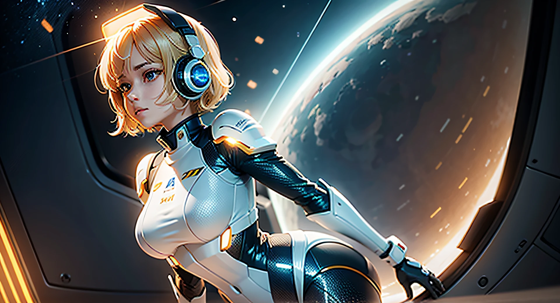 Full body, golden hair, short hair, blunt bang, masterpiece, best quality, official art, album art, very elaborate CG Unity 8K wallpaper, lone girl, Japan girl, full body, super high resolution, (photorealistic: 1.4), dynamic angle, dynamic pose, mystical power, floating particles, reflection, very cute, petite, sparkling blue color eyes, Golden hour lighting, pilot suit in white and blue and black colors, tight fitting clothes, full-body covering clothes, knee boots, (puffy eyes), viewer watch, front-facing, beauty, medium breasts, shirt lift, metal wire, slim body, arm-length gloves, anime heroine, gentle smile, headset, helmet, detailed robot cockpit, super futuristic space,