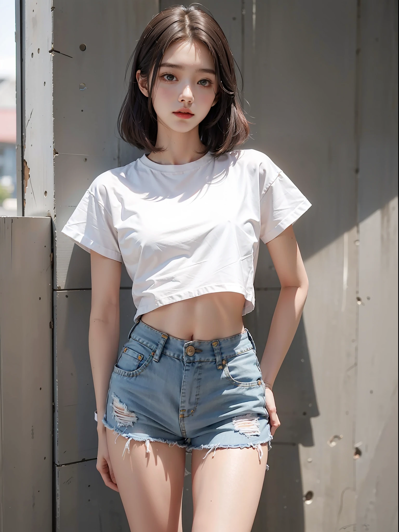 Best quality, full body portrait, delicate face, 18 year old girl, slim figure, small bust, white crop top T-shirt, waist pink denim skirt, gymnasium scene, standing tall