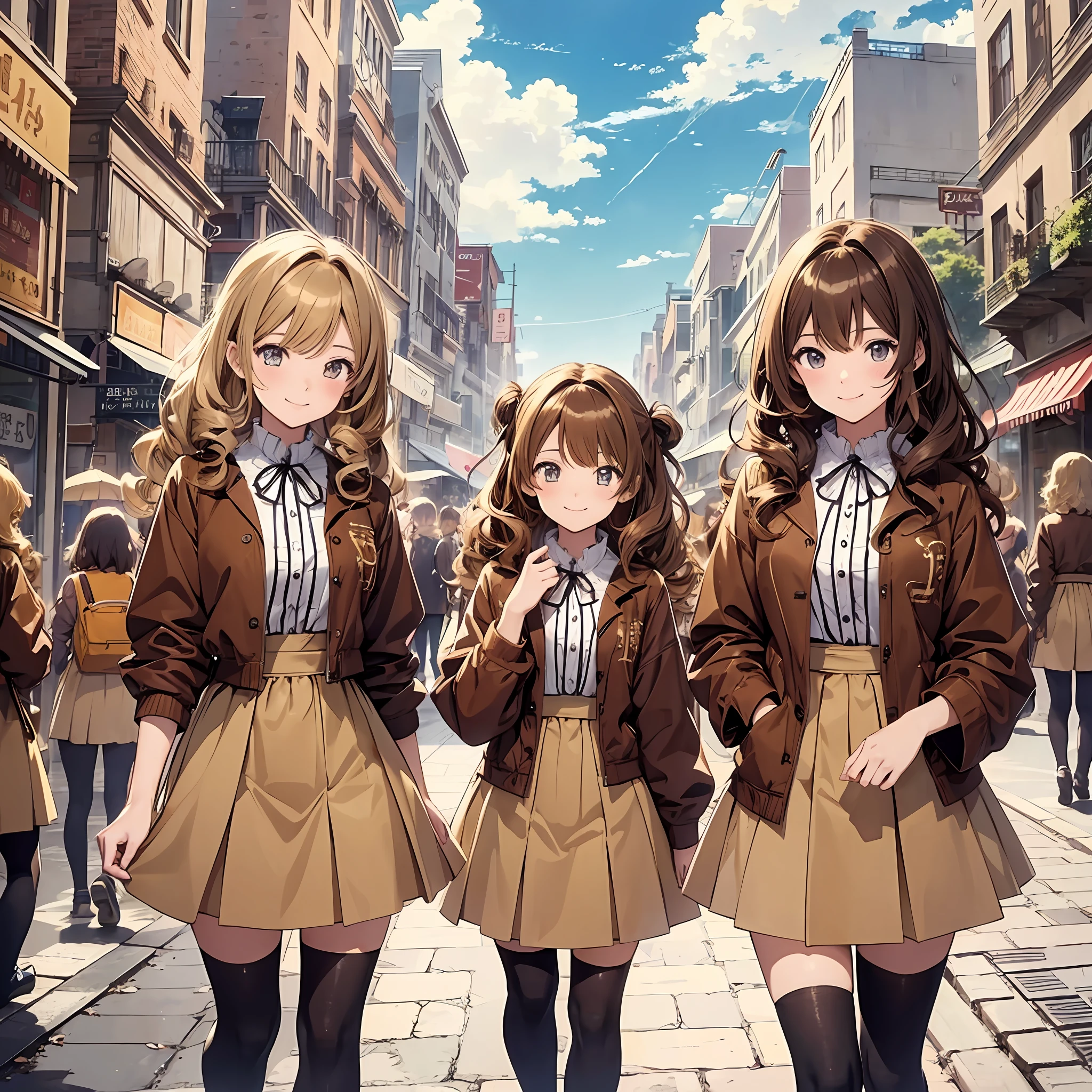 perfect anime illustration, 100girls, all girls are sisters, sisters crowded together, sisters in background, matching hairstyles, brown hair, blonde hair, curly hair, matching hairstyle, hazel eyes, smiling, ((matching outfits), highres, full body