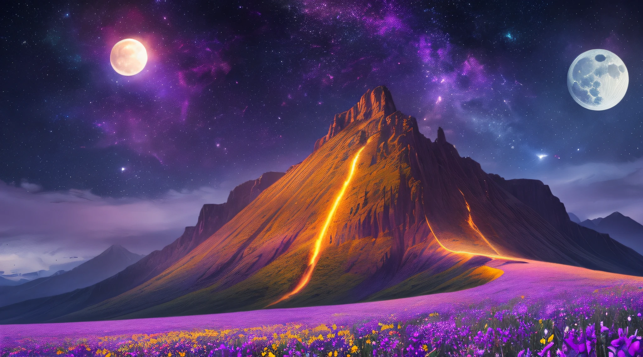 expansive landscape photograph , (a view from below that shows sky above and open field below), a girl standing on flower field looking up, (full moon:1.2), ( shooting stars:0.9), (nebula:1.3), distant mountain, tree BREAK
production art, (warm light source:1.2), (Firefly:1.2), lamp, lot of purple and orange, intricate details, volumetric lighting, realism BREAK
(masterpiece:1.2), (best quality), 4k, ultra-detailed, (dynamic composition:1.4), highly detailed, colorful details,( iridescent colors:1.2), (glowing lighting, atmospheric lighting), dreamy, magical, (solo:1.2) --auto --s2