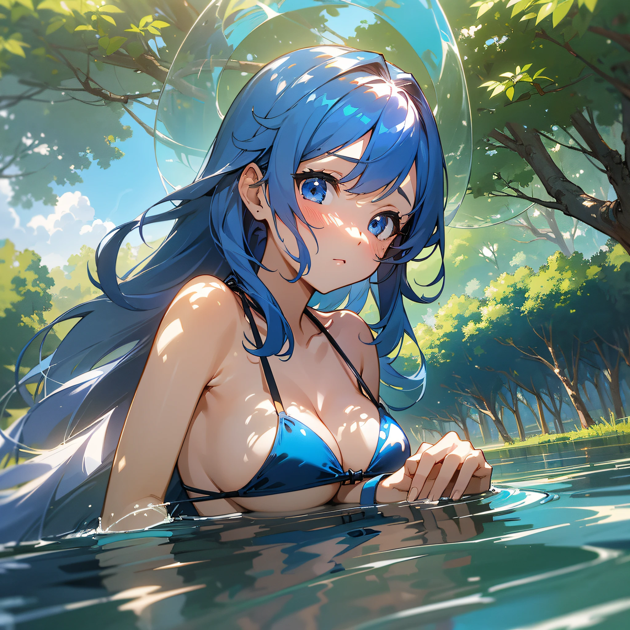 masterpiece, best quality, (bishoujo:1.3), 1girl, ((looking_at_viewer)),depth of field, solo, sky blue middle wavy hair, blue eyes, ((blue
bikini)), (underboob), (sideboob), (long hair), (clavicle), (river surrounded by trees), blue sky and cumulonimbus,(Riverside), (in shadow, arbor, light reflecting in the river, tree shade, sunbeams)