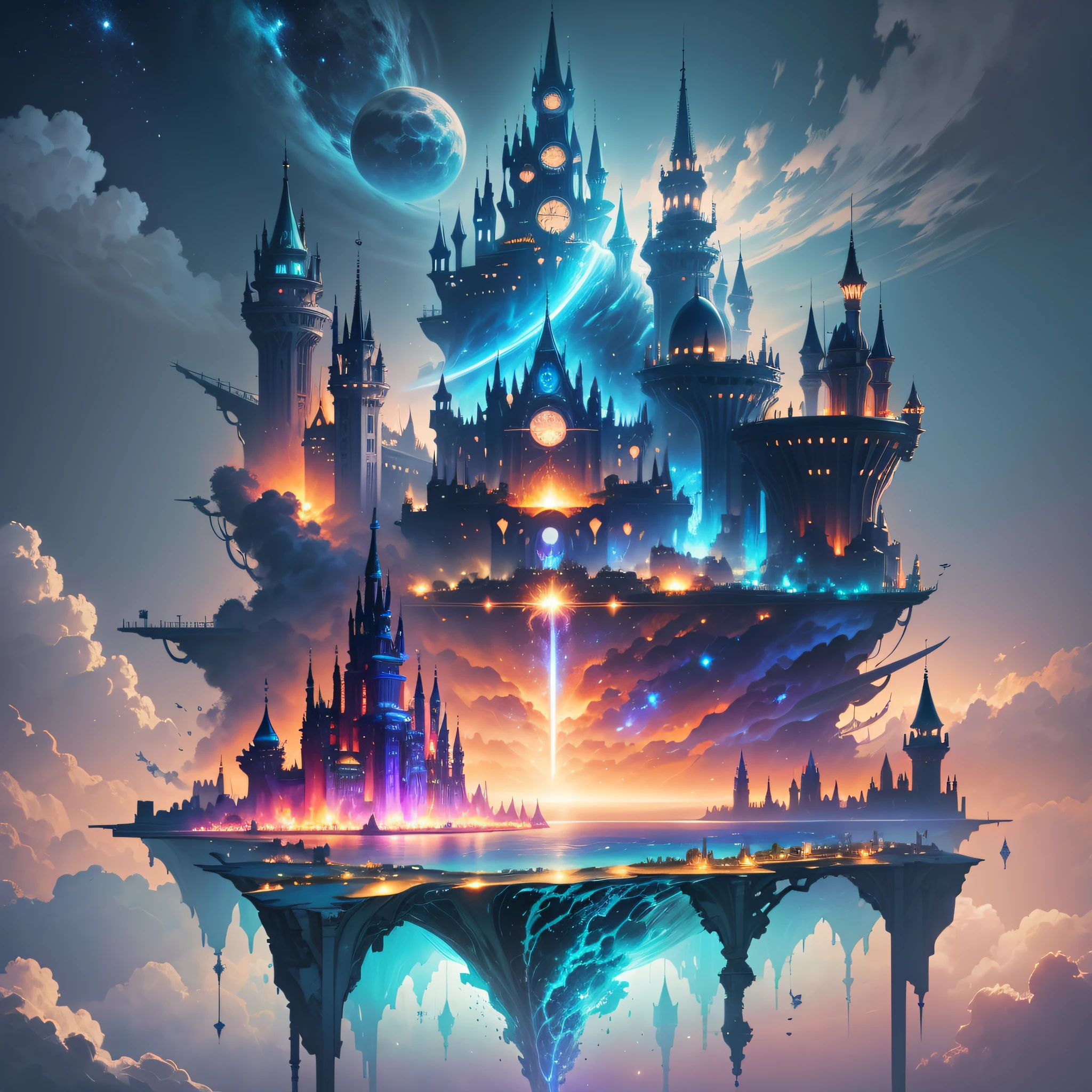 Space magic, concept art magic highlights, Disney concept, floating city in the sky with huge castle, meta verse concept art, magical ocean, floating clouds, whale and dolphins swimming in the ocean below the city, digital dreamland, magical fantasy 4d cinema art, amazing concept art --auto --s2