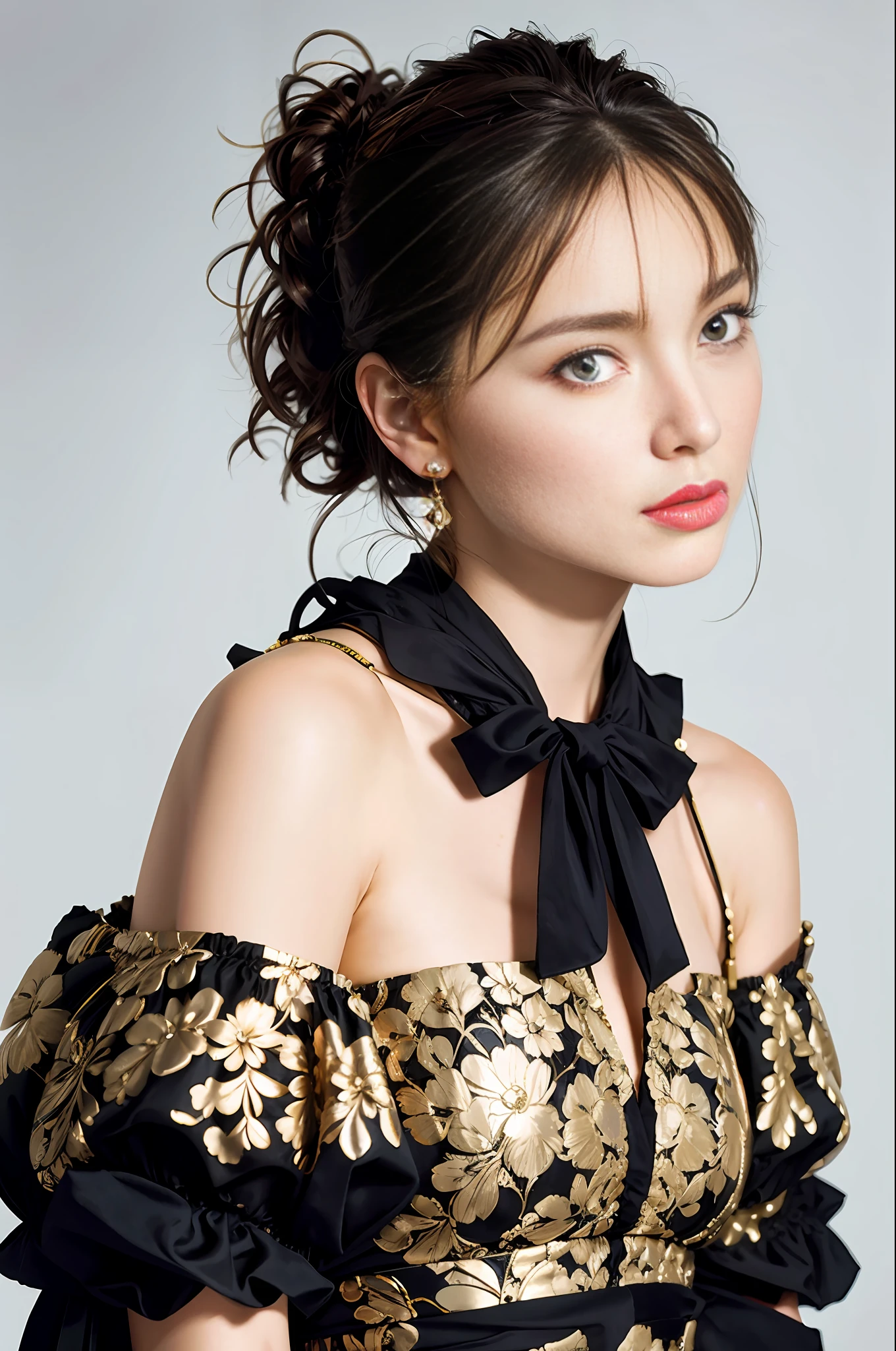 Tim Walker style award winning intrinsic detail dreamscape photo-art high fashion portrait style of a female supermodel with stylized modern hair in John iano fashion design in a high fashion studio, hd, 8k