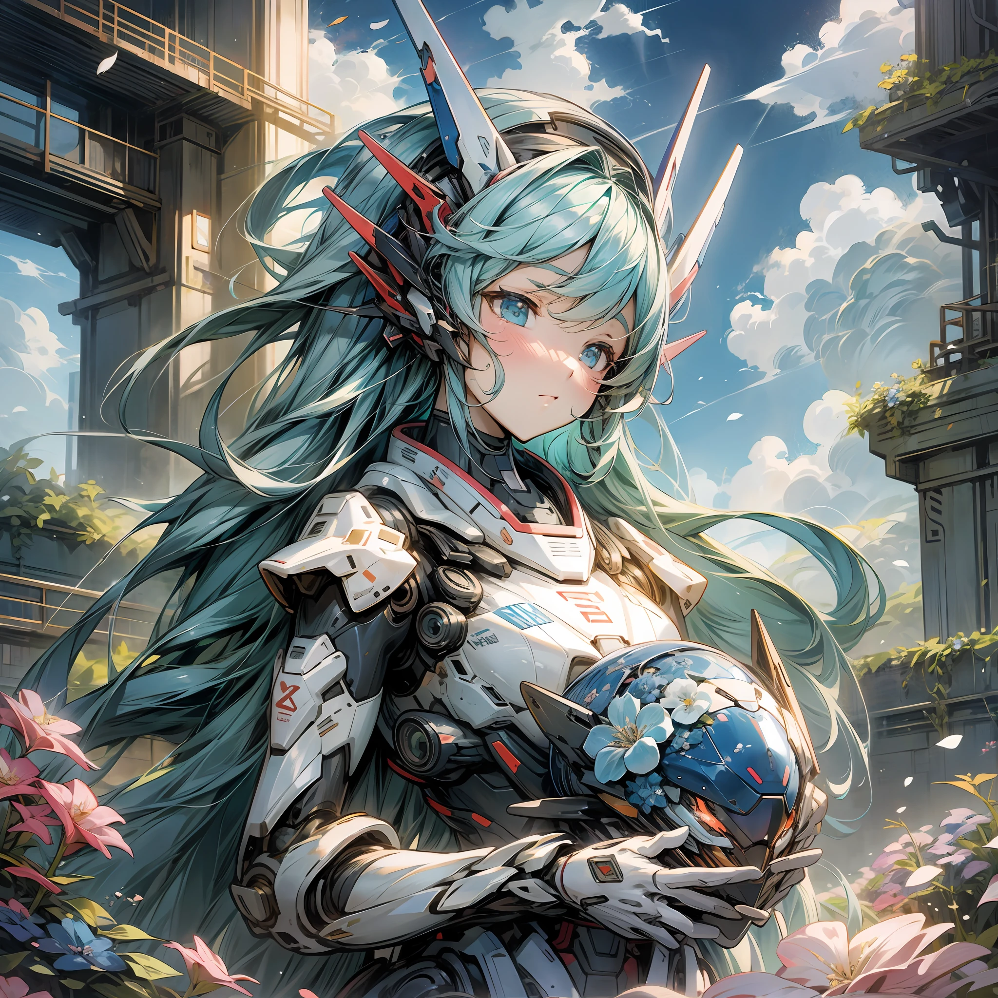 Anime, sea of flowers, blue sky, mecha, universe, girl --auto --s2