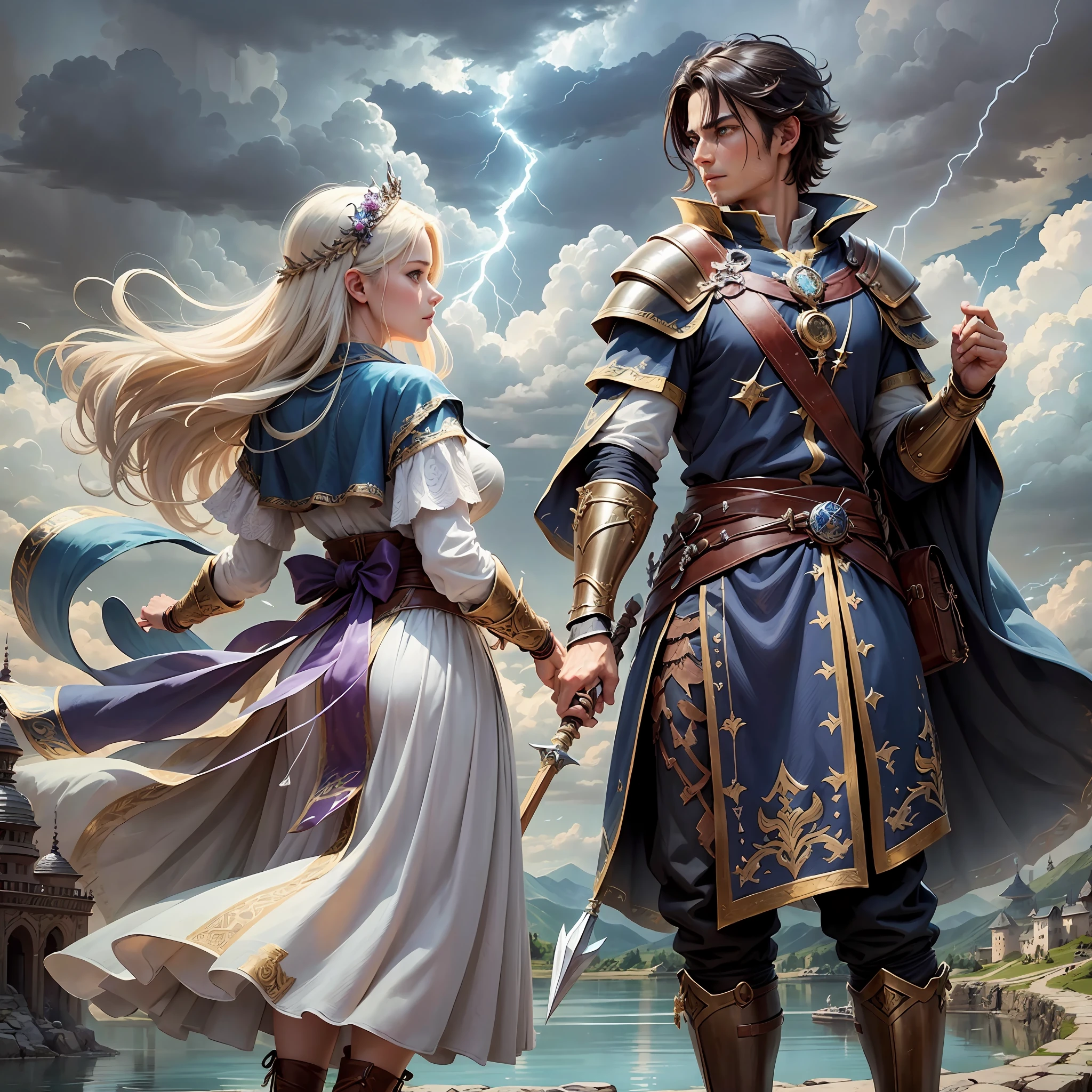 Step 1 - Scene: This is a magical scene with multiple characters in it. The scene features magnificent epic cinematic style buildings and landscapes, including towers, city walls, bridges, meadows, and lakes. There are mysterious clouds and lightning in the sky, as well as the flow and flickering of magical energy.
Step 2 - Labels (relational, noun, verb):
Characters: Many people, male, female, elderly, young
Clothing: magical decorations, ancient costumes, armor, robes, cloaks, boots
Architecture: walls, towers, bridges, palaces, shrines, meadows, lakes
Sky: Clouds, lightning, magical energy
Items: magic staffs, swords, bows and arrows, shields, magic crystals, books
Actions: casting, fighting, running, jumping, flying, resting, talking, thinking, observing
Step 3 - tag:
Characters: Multiple characters, male, female, elderly, young
Clothing: magical decoration, ancient attire, armor, --auto --s2