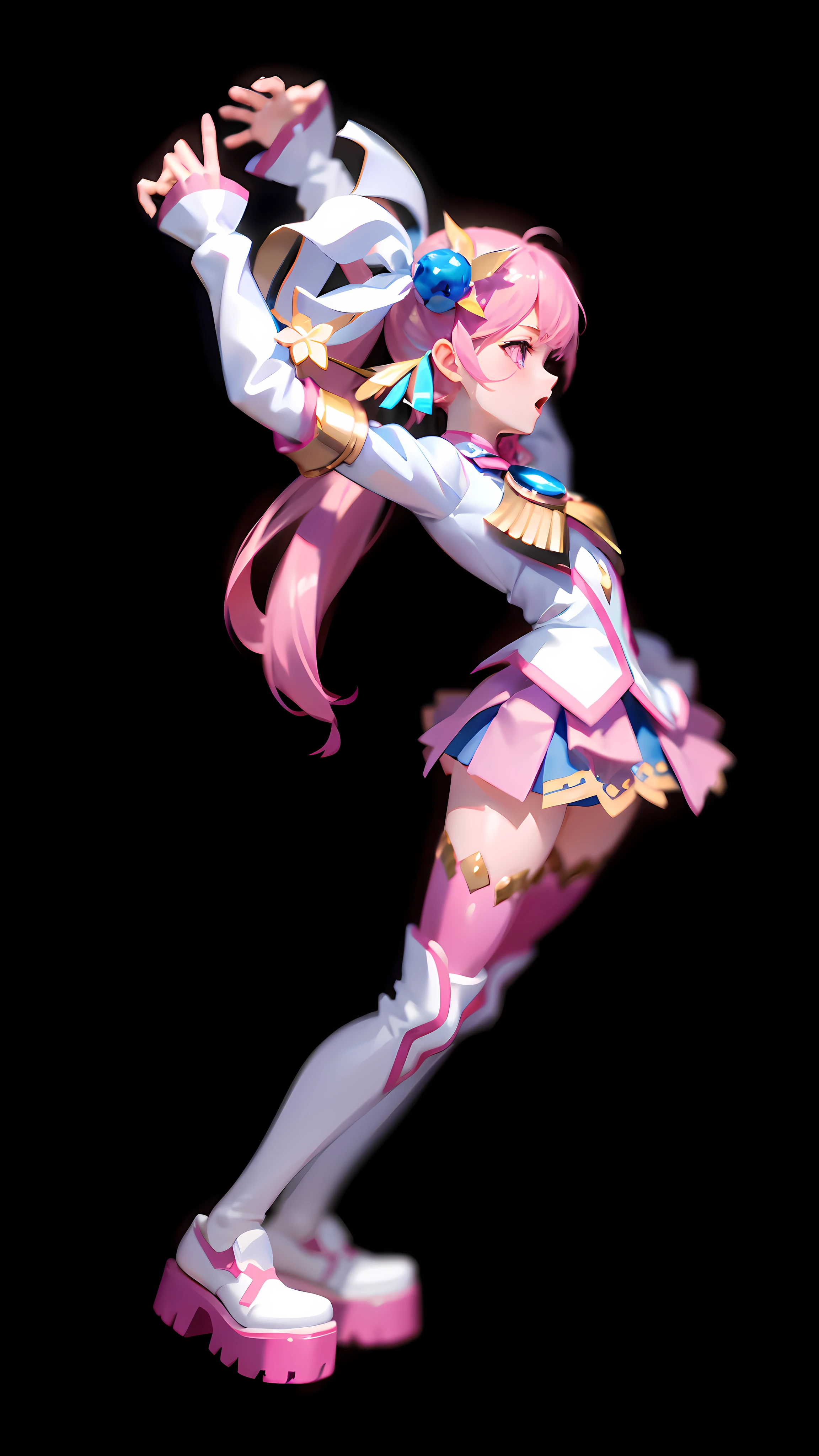 (lora:QuickHand:1.2), (Masterpiece: 1.5), (Best quality: 1.5), 8k, (Perfect Hands: 1.5), 1 Girl, Perfect Hands, Pink Eyes, Watery Eyes, Open Mouth, Pink Hair, Single Ponytail, White Top, Pink Pleated Skirt, Pink Over-the-Knee Socks, White Long Boots, (No Background: 1.5), Skinny Legs, Hands Raised Above Your Head