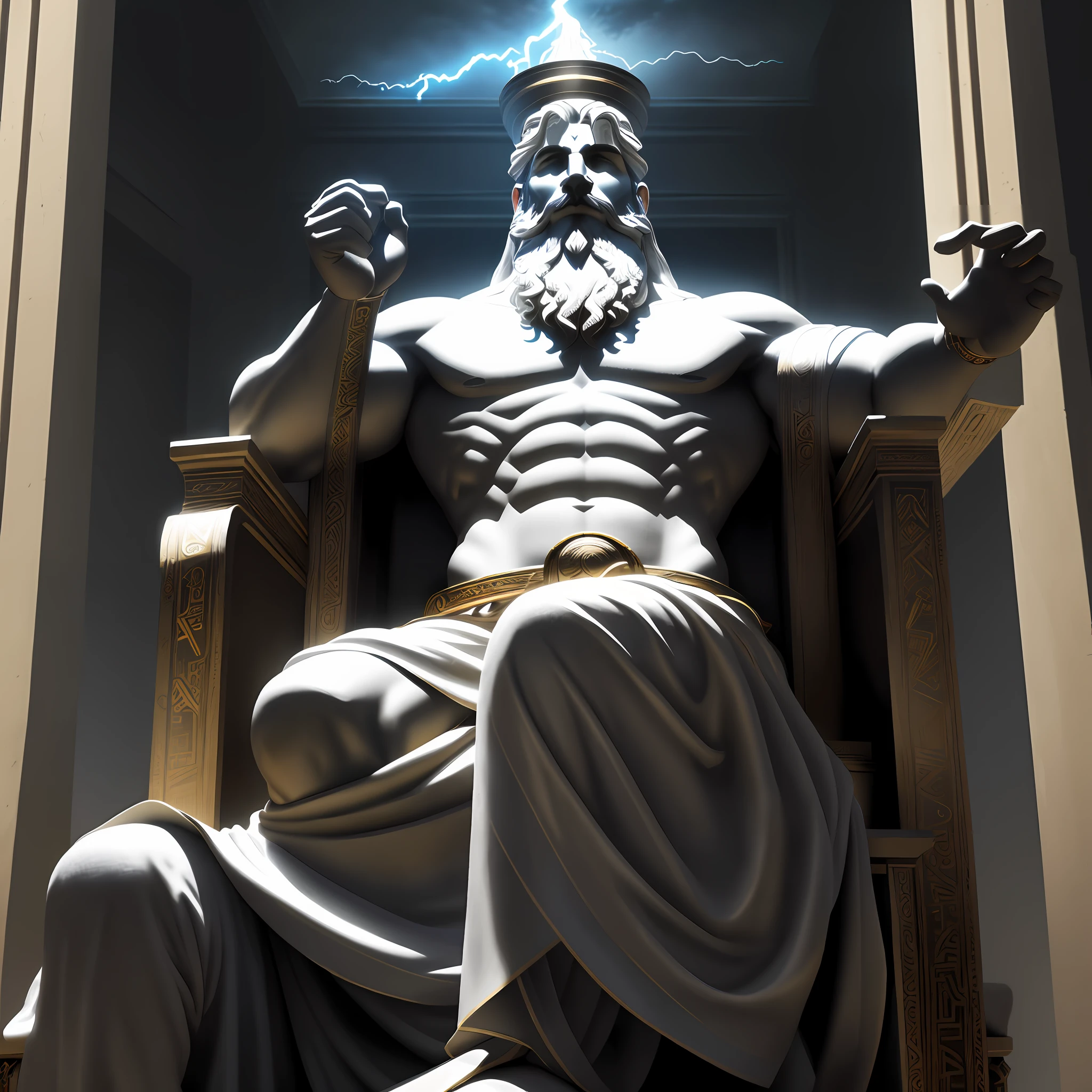 A shadowy zeus, sitting on a trone, with a lightning, intricate, high detail, dramatic 8k