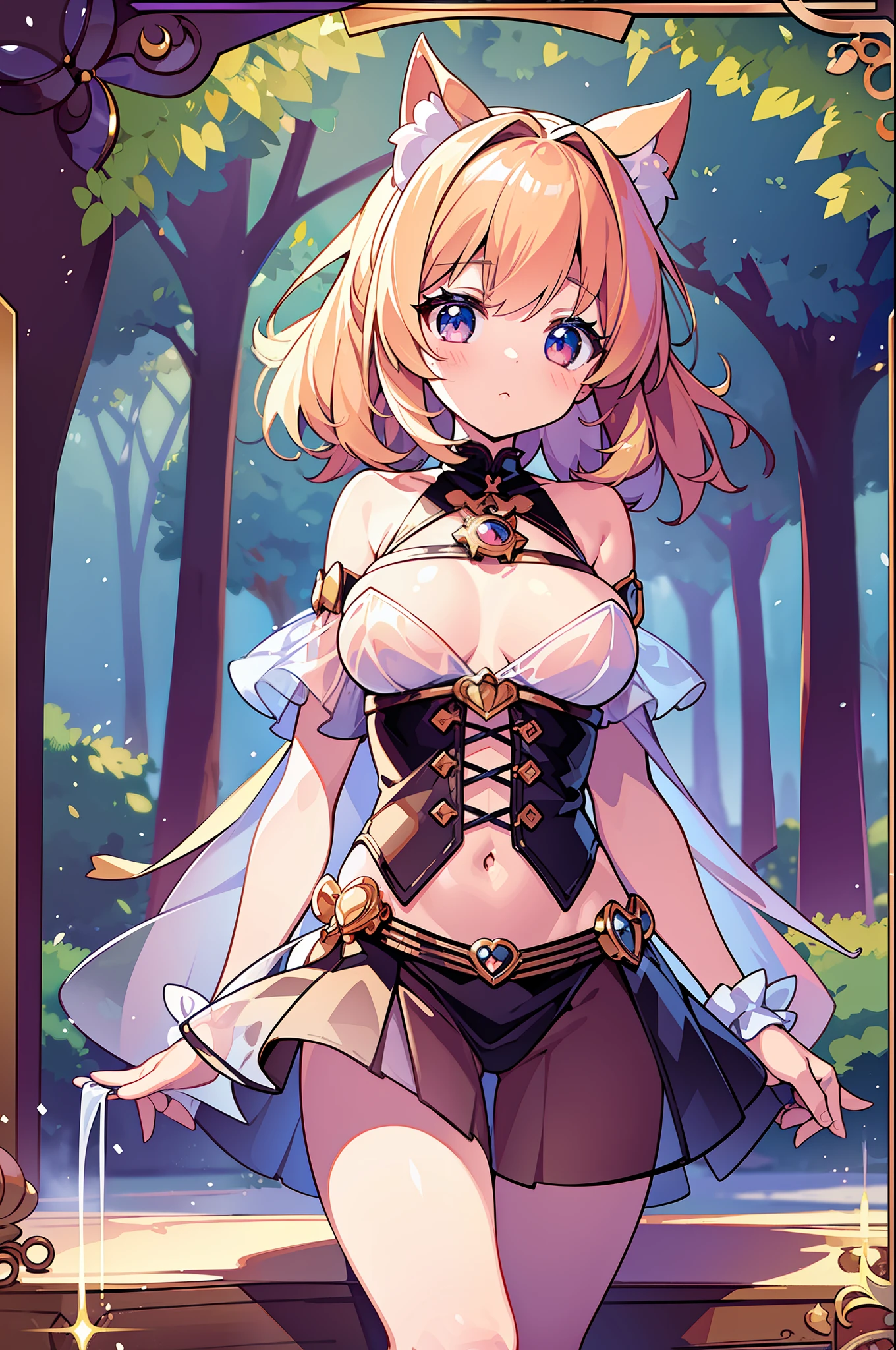 (MASTERPIECE), (Best Quality), (Ultra Detail), (Best Anatomy), Official Art, One Girl, Light-Colored Haired , Petite Littgical Girl, See-Through Witch Costume, Small, Cleavage, Off S Underboob, Side Boob, Thigh Focus, Navet, Hands Behind Body, Chest Stretched, Card Illustration, Deep Forest Fountain