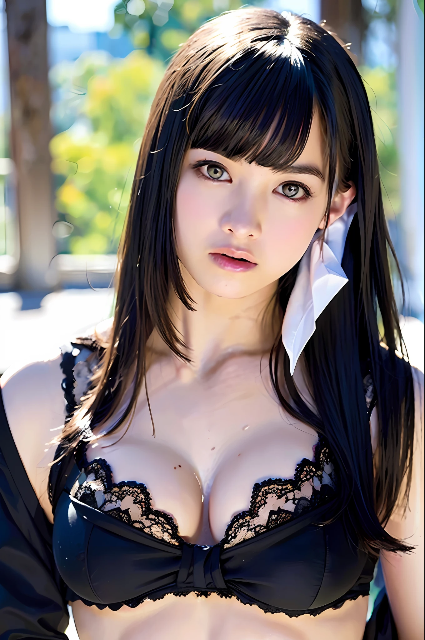 ((top quality, 8k, masterpiece: 1.3)), sensual woman, 1 girl, big: 1.3, (firm abs, slender figure: 1.2), dark brown hair, short hair, black bra, black G-string panties, beside indoor pool, full body, ultra-detailed face, detailed lips, detailed eyes, double eyelids, racy underwear, pimp-like underwear, pimp-like bra, Large areola protruding from underwear, squirting