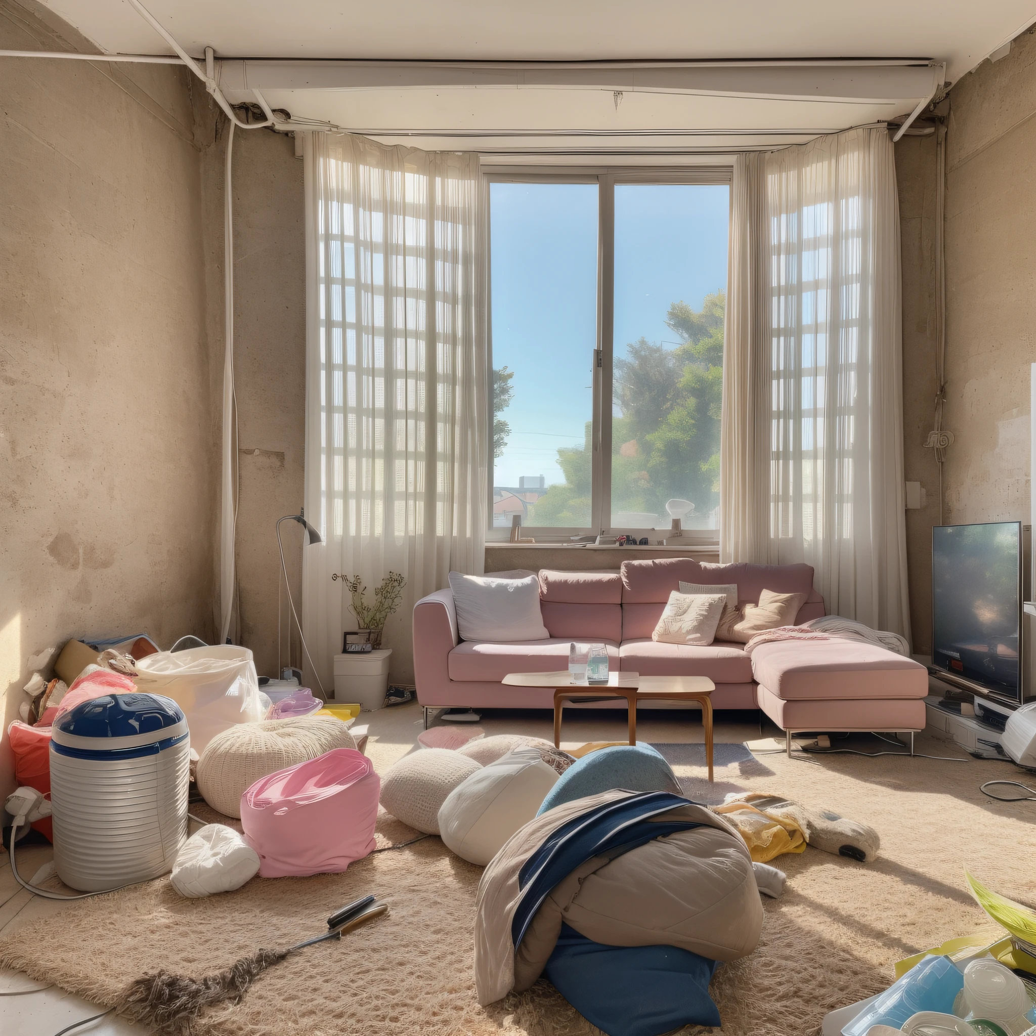 In the evening, the light of the setting sun is entering the room through the window, window, cute Gir, longhaired, sitting on the sofa, wearing gelapique, obsolete dirty room, old pink sofa in the ruin, dirty room, drying laundry in the room, PC and monitor, junk food, bottle and can of cup noodles and DRINK are scattered, trash cans are overflowing. Cables and wiring are exposed from the walls, only appliances are futuristic, sparkling dust flutters in the room, HD, 8K, masterpiece, realistic texture