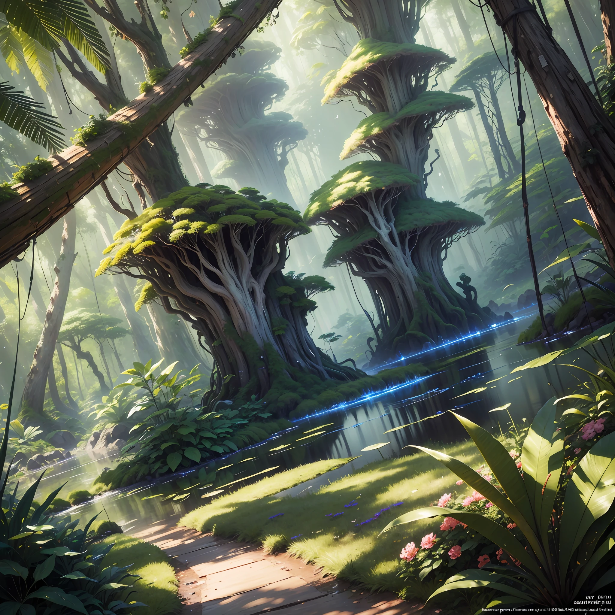 Digital illustration, detailed and intricate, realistic picture of a dense rainforest with wild flowers , the sunlight filtering through the canopy to a wide river, Dark and dirty prism effect.In the style of Yoshitaka Amano and Hayao Miyazaki, masterpiece, proportional, detailed, trending on artstation, beautiful lighting, realistic, intricate, award winning, 4k, highest quality Award-winning, 4K digital painting in the style of Yoshitaka Amano. Detailed and intricate depiction of rainforest ecosystem, masterfully capturing the chaos and drama of the nature. Beautiful lighting and cinematic composition make this piece a true masterpiece, trending on artstation no humans, scenery, vanishing point, from below, masterpiece, best quality, 8k, absurdres, water surface, summer, noon, sunlight, blue sky, perspective, depth of field, highres, finely detail, ultra-detailed, sharp focus --auto --s2